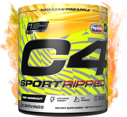 NSF Certified Cellucor C4 Ripped Sport Pre Workout Powder with 200mg Caffeine - Hawaiian Pineapple Flavor - 20 Servings