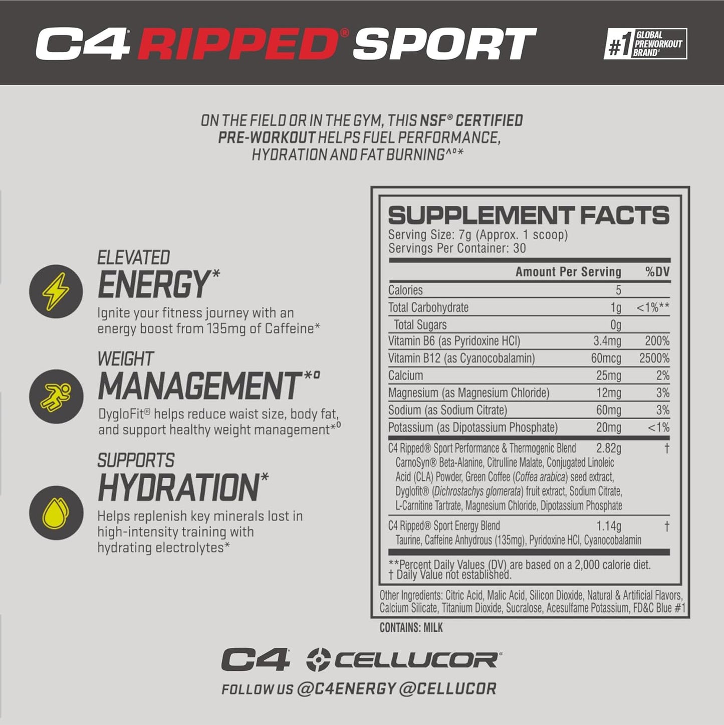 NSF Certified Cellucor C4 Ripped Sport Pre Workout Powder Arctic Snow Cone - Sugar Free Energy Supplement for Men & Women - 135mg Caffeine + Weight Loss - 30 Servings