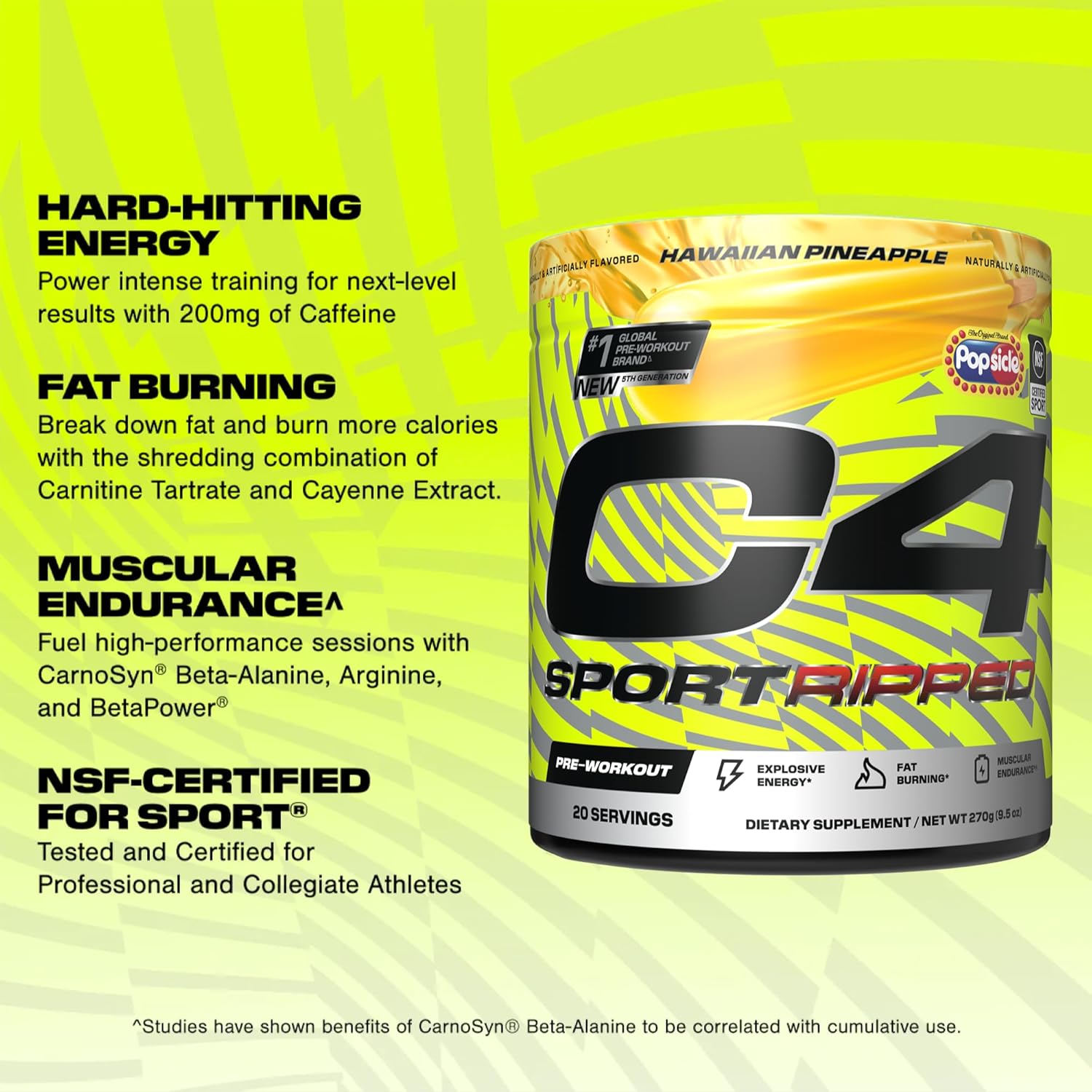 NSF Certified Cellucor C4 Ripped Sport Pre Workout Powder with 200mg Caffeine - Hawaiian Pineapple Flavor - 20 Servings