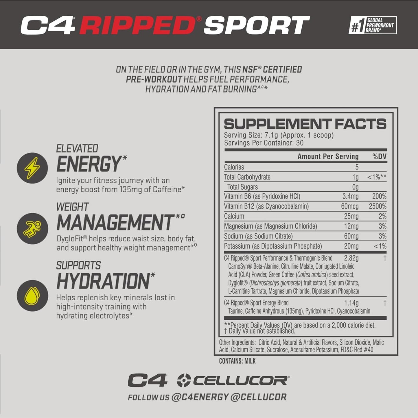NSF Certified Cellucor C4 Ripped Sport Pre Workout Powder - Sugar Free Energy Supplement for Men & Women, 135mg Caffeine, Weight Loss - Fruit Punch, 30 Servings