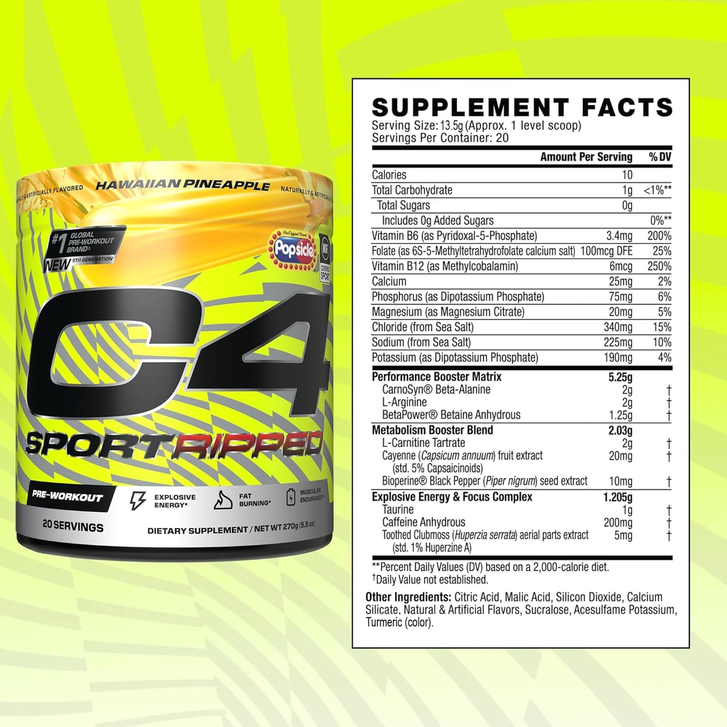 NSF Certified Cellucor C4 Ripped Sport Pre Workout Powder with 200mg Caffeine - Hawaiian Pineapple Flavor - 20 Servings