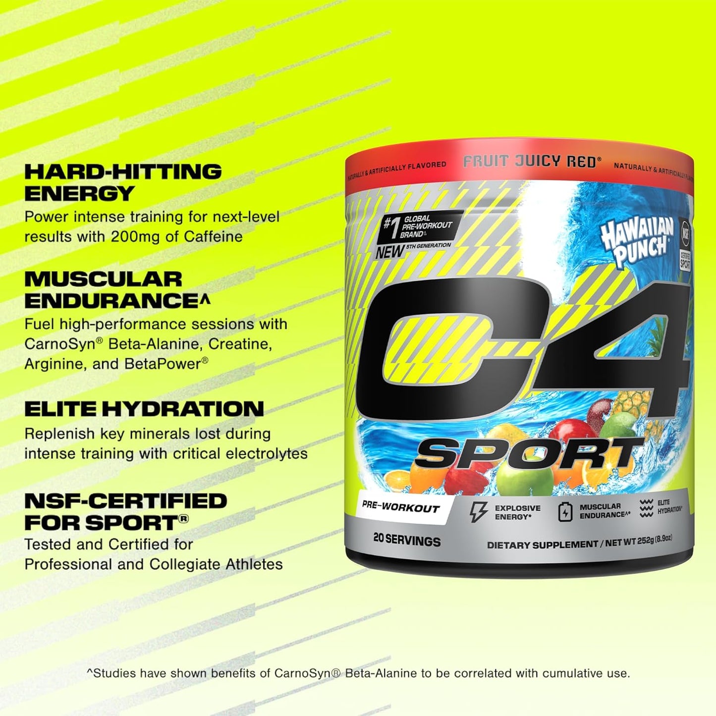 NSF Certified Cellucor C4 Sport Pre Workout Powder - Elite Hydration & Energy Supplement - 200mg Caffeine + Creatine - Hawaiian Punch Flavor