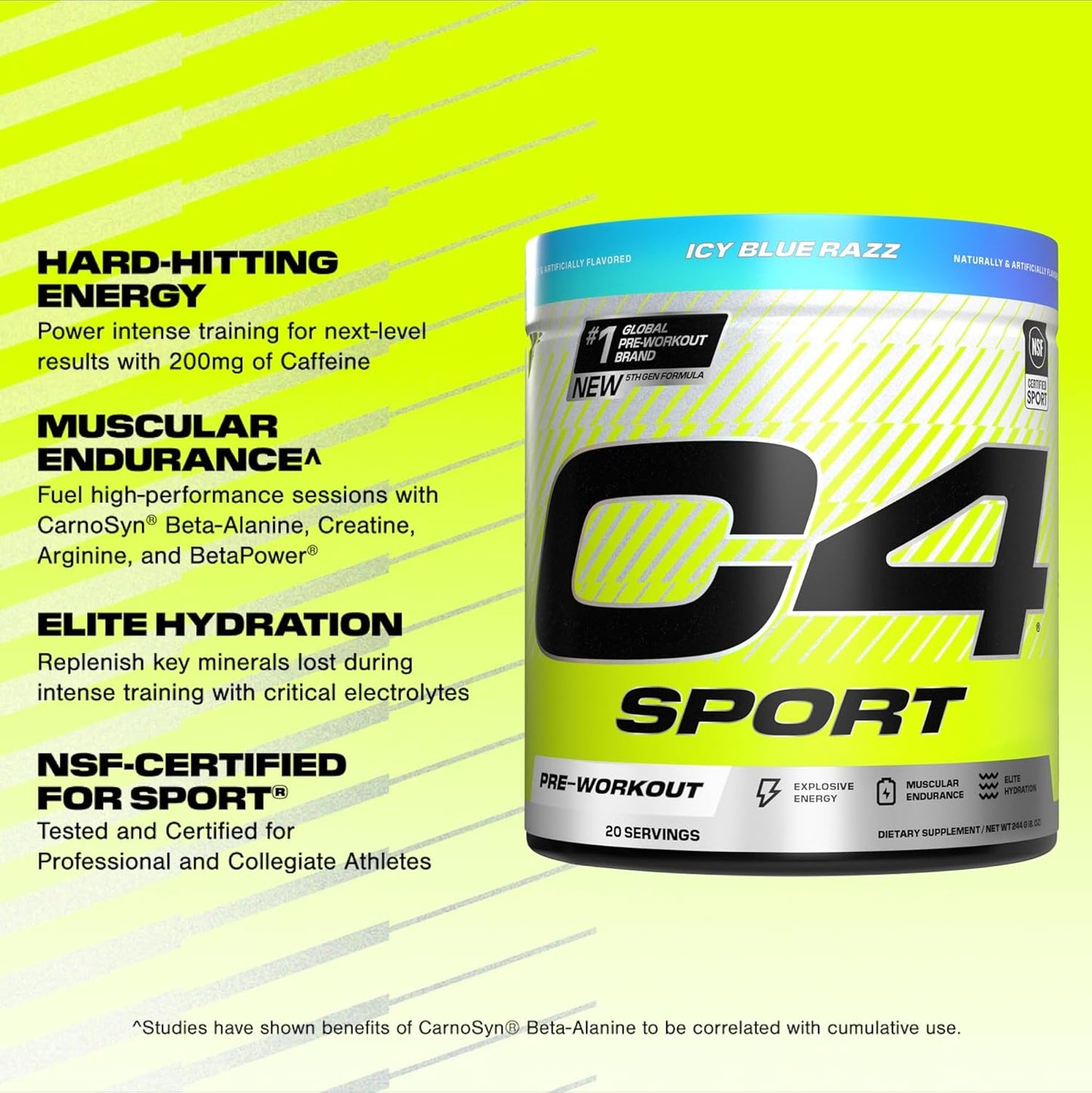 NSF Certified Cellucor C4 Sport Pre Workout Powder - 200mg Caffeine + Creatine + Beta-Alanine - Electrolytes and Energy Supplement - ICY Blue Razz, 20 Servings