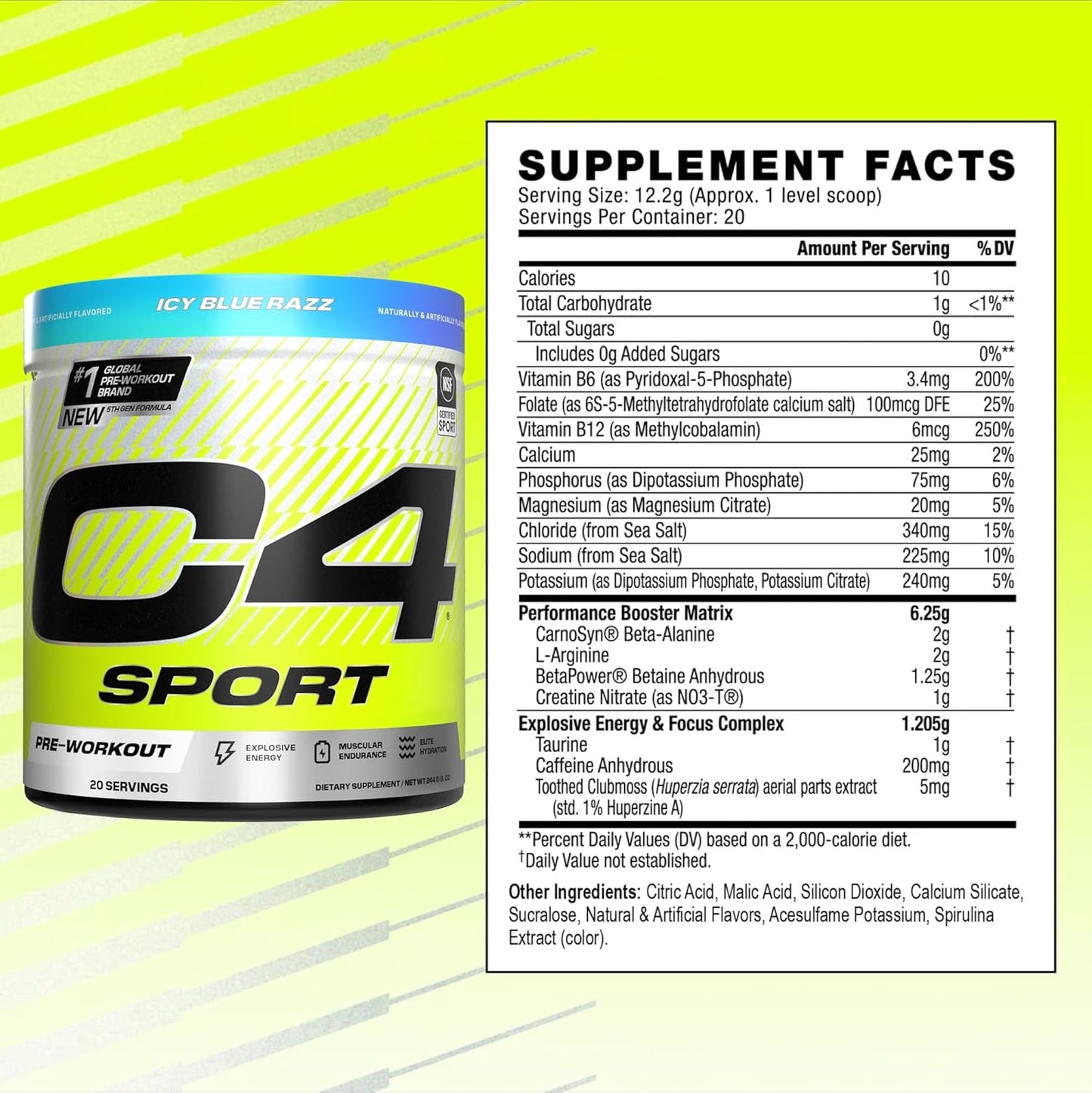 NSF Certified Cellucor C4 Sport Pre Workout Powder - 200mg Caffeine + Creatine + Beta-Alanine - Electrolytes and Energy Supplement - ICY Blue Razz, 20 Servings