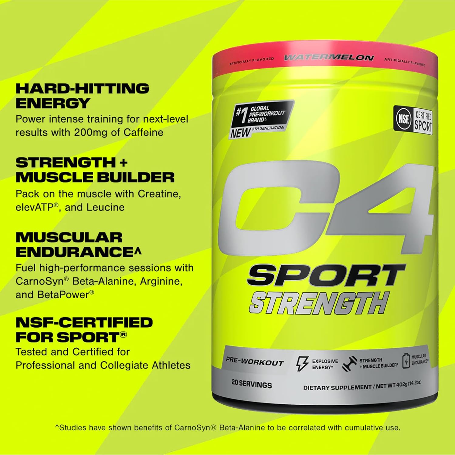 NSF Certified Cellucor C4 Sport Strength Pre Workout Powder - Energy Supplement with Beta-Alanine, Creatine, 200mg Caffeine - Watermelon Flavor, 20 Servings for Men & Women