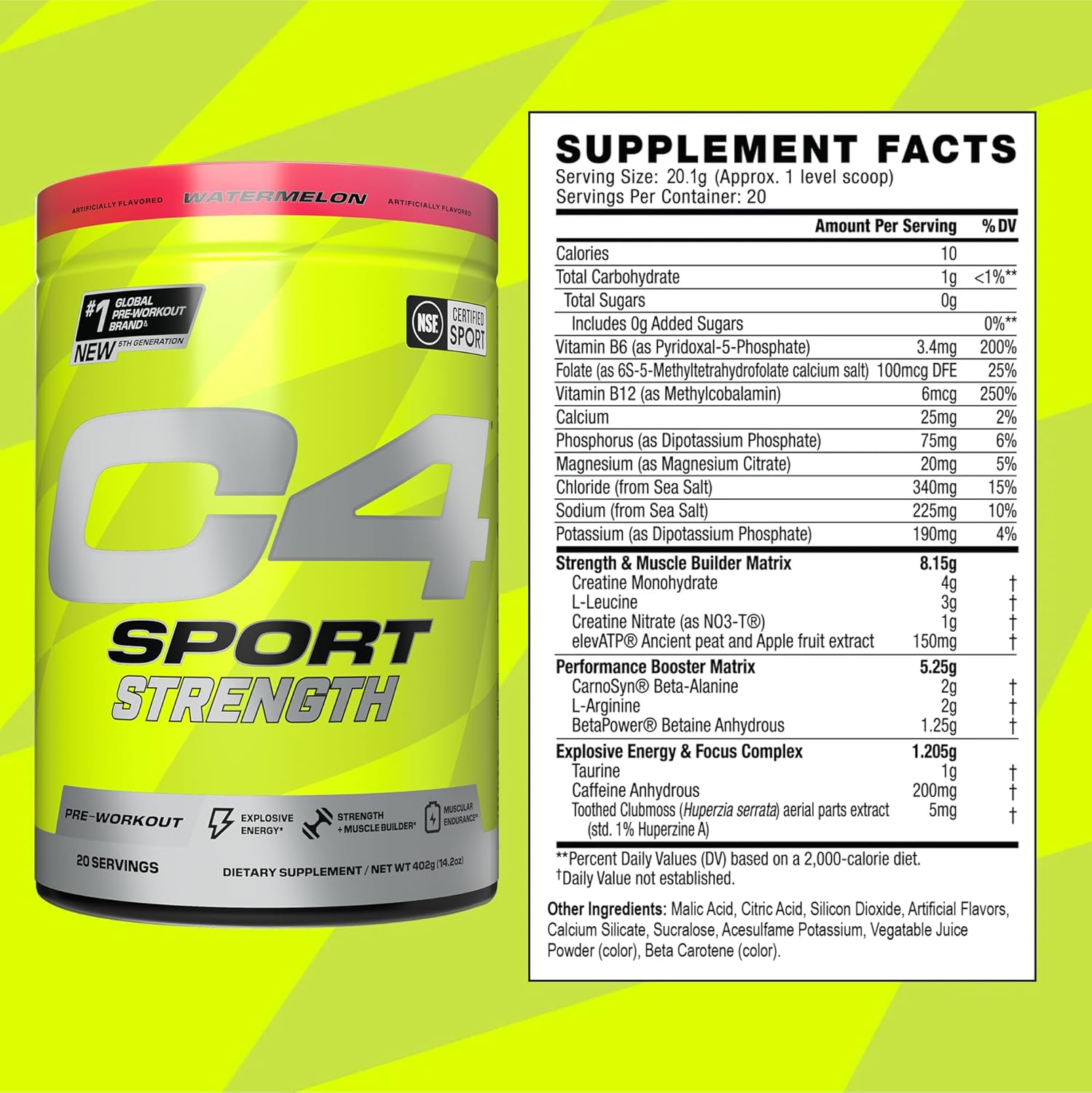 NSF Certified Cellucor C4 Sport Strength Pre Workout Powder - Energy Supplement with Beta-Alanine, Creatine, 200mg Caffeine - Watermelon Flavor, 20 Servings for Men & Women