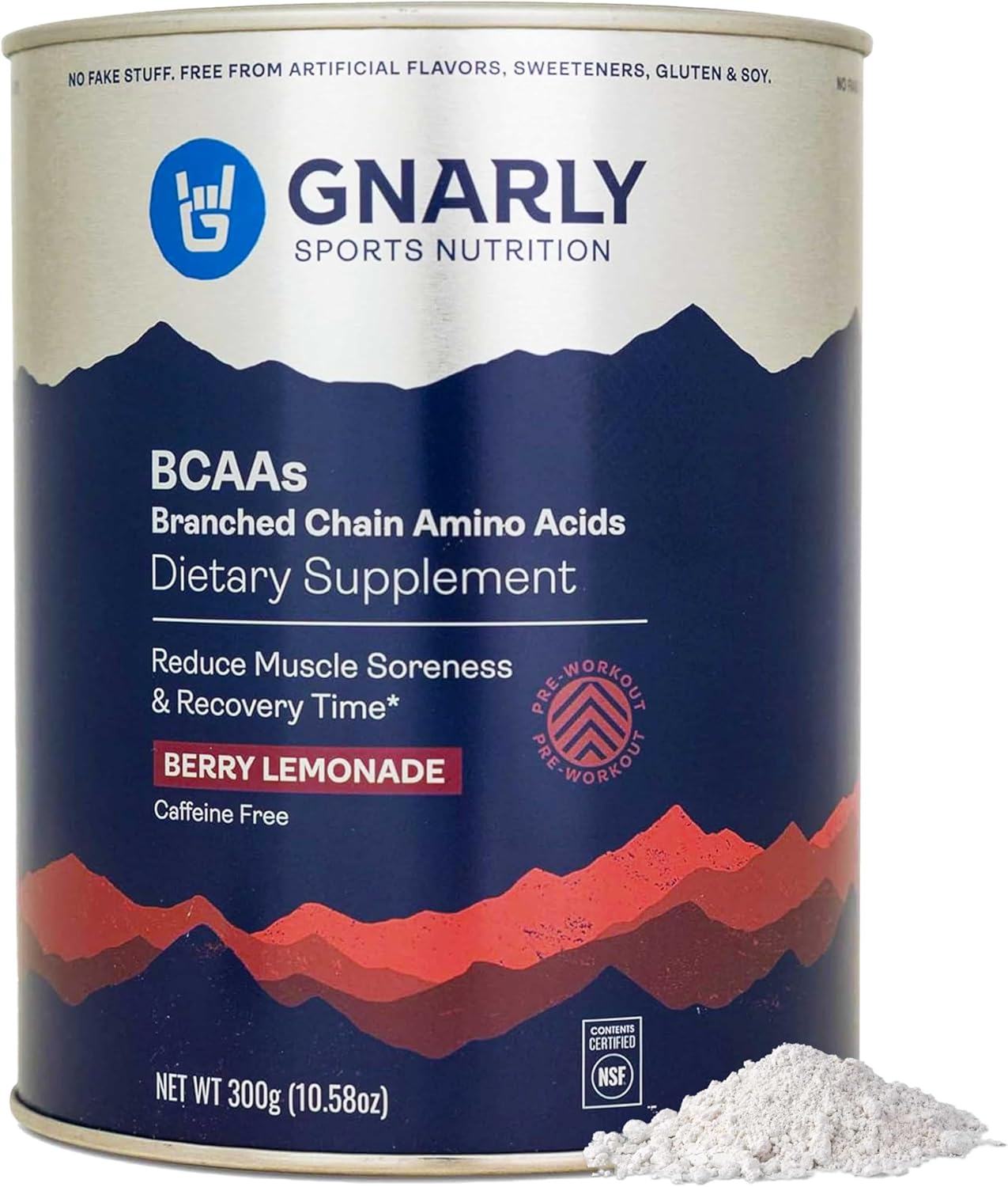 NSF Certified Gnarly Nutrition BCAA Powder in Berry Lemonade Flavor - Caffeine Free Amino Acids Supplement for Muscle Support and Recovery, 10.58 oz