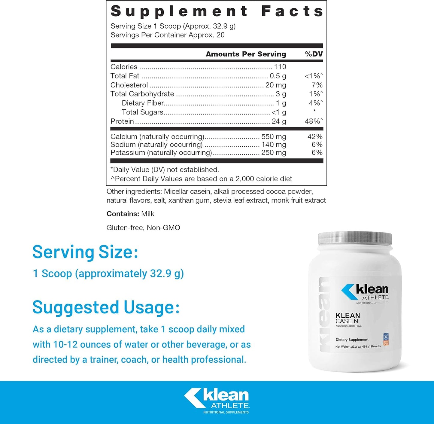 NSF Certified Klean Casein Protein Powder for Muscle Recovery - Natural Chocolate Flavor - 23.2 Ounces
