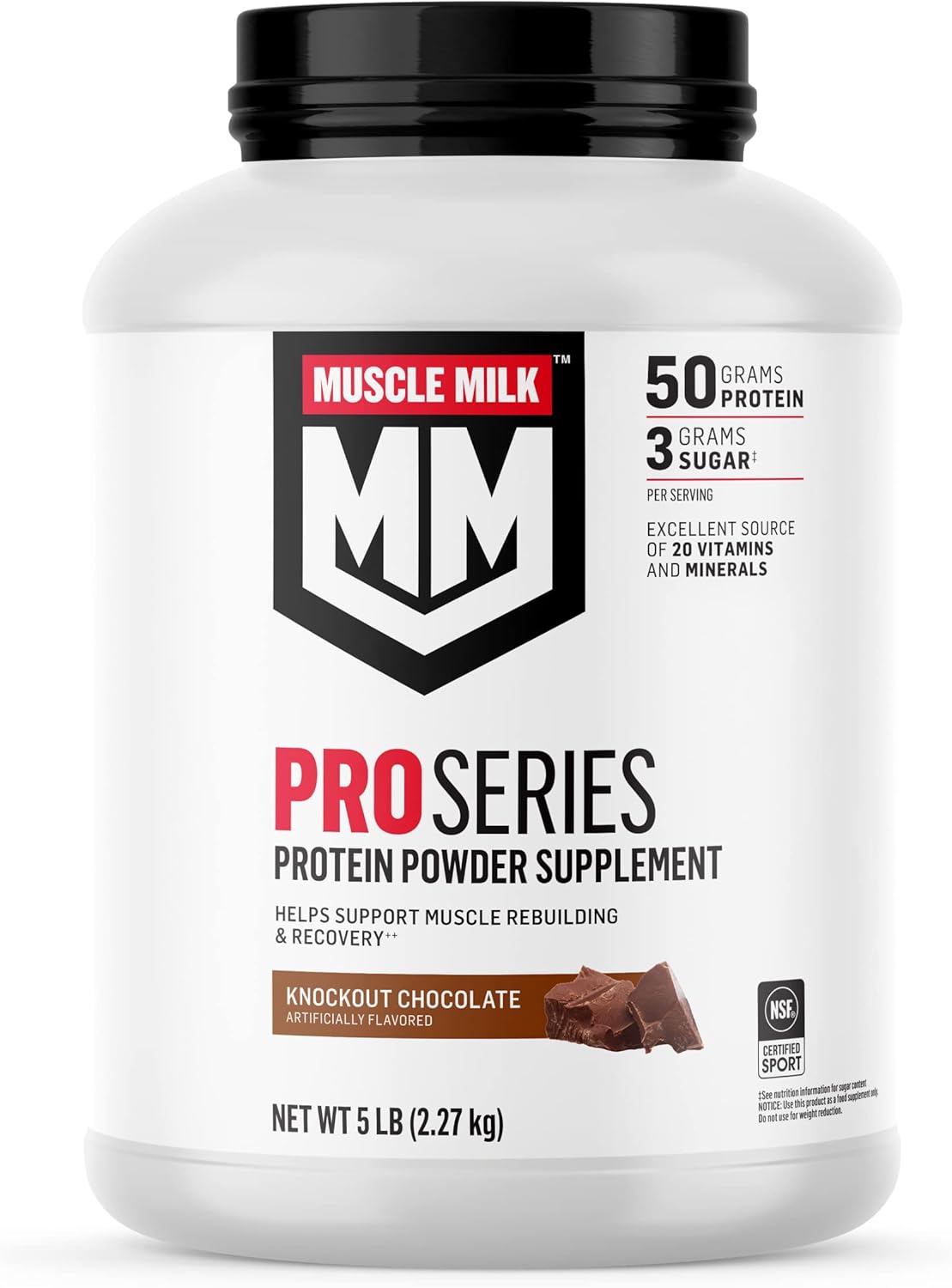 NSF Certified Muscle Milk Pro Series Protein Powder Supplement, Knockout Chocolate, 5lb - 50g Protein, 3g Sugar, 20 Vitamins & Minerals - Ideal for Workout Recovery - 28 Servings