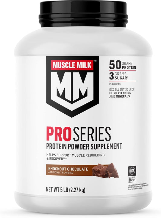 NSF Certified Muscle Milk Pro Series Protein Powder Supplement, Knockout Chocolate, 5lb - 50g Protein, 3g Sugar, 20 Vitamins & Minerals - Ideal for Workout Recovery - 28 Servings