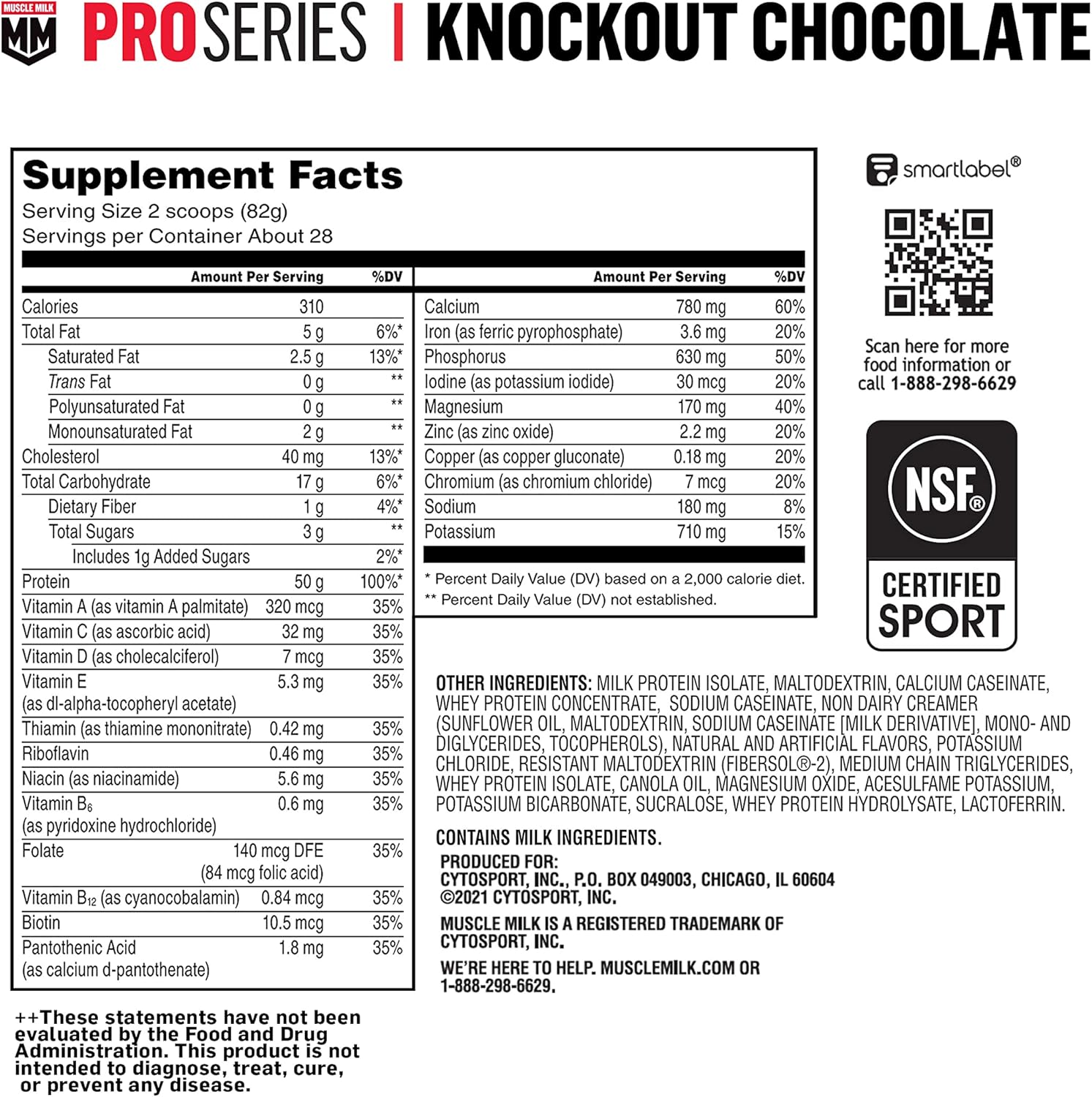 NSF Certified Muscle Milk Pro Series Protein Powder Supplement, Knockout Chocolate, 5lb - 50g Protein, 3g Sugar, 20 Vitamins & Minerals - Ideal for Workout Recovery - 28 Servings