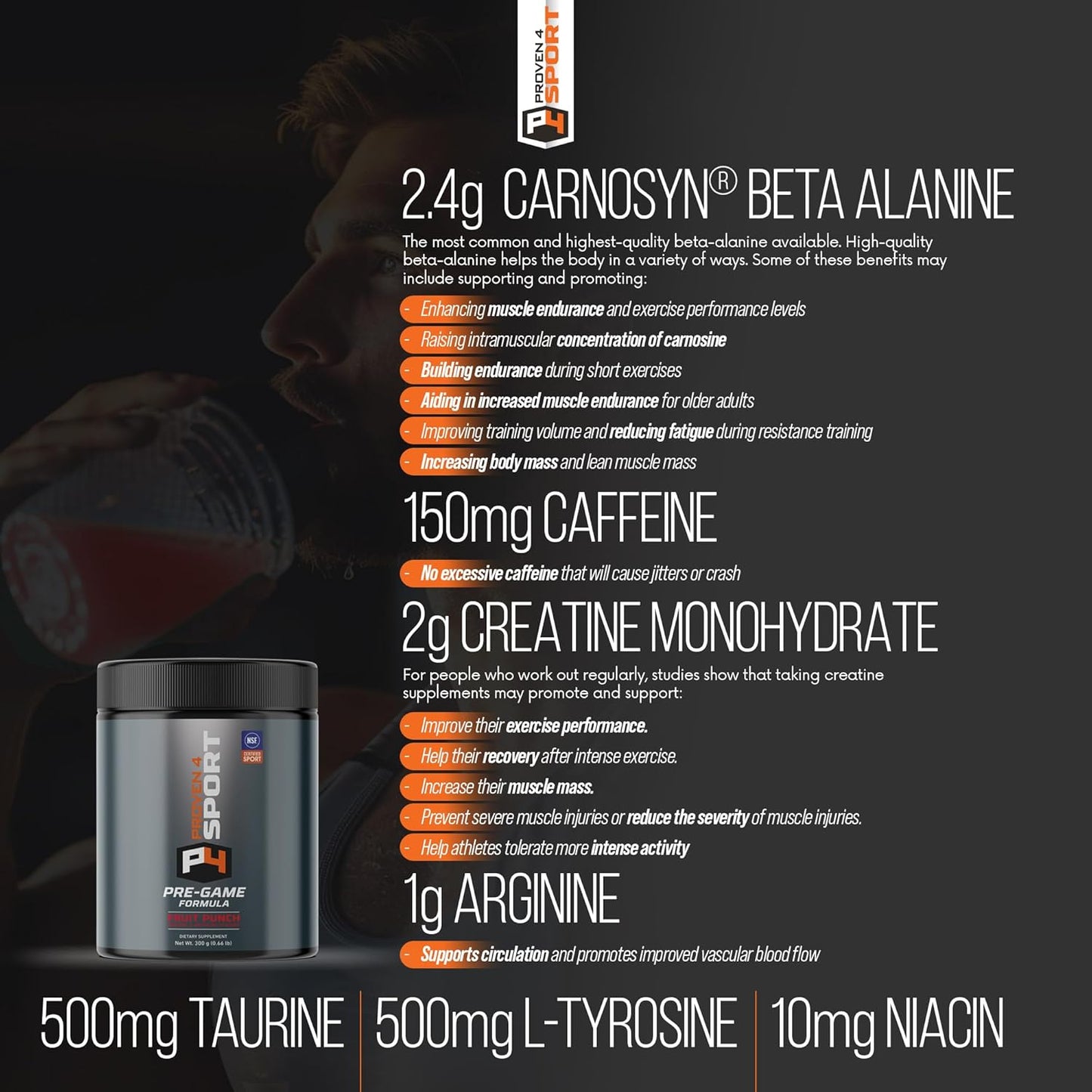 NSF Certified Proven4 Sport Pre Workout Powder with Creatine, Beta Alanine, and Caffeine - Fruit Punch Flavor - 30 Servings for Men and Women