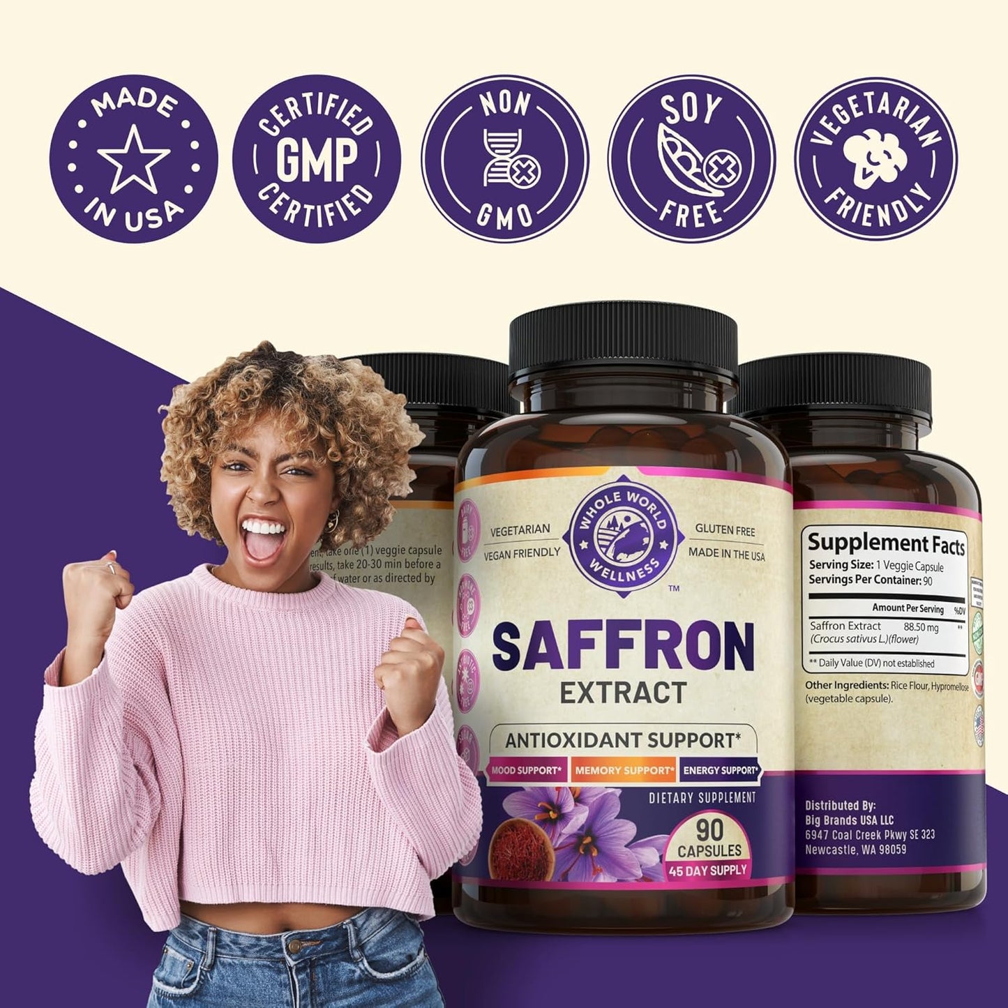 NSF Certified Pure Saffron Extract for Weight, Appetite, Mood & Memory Support - 45-Day Supply for Men & Women