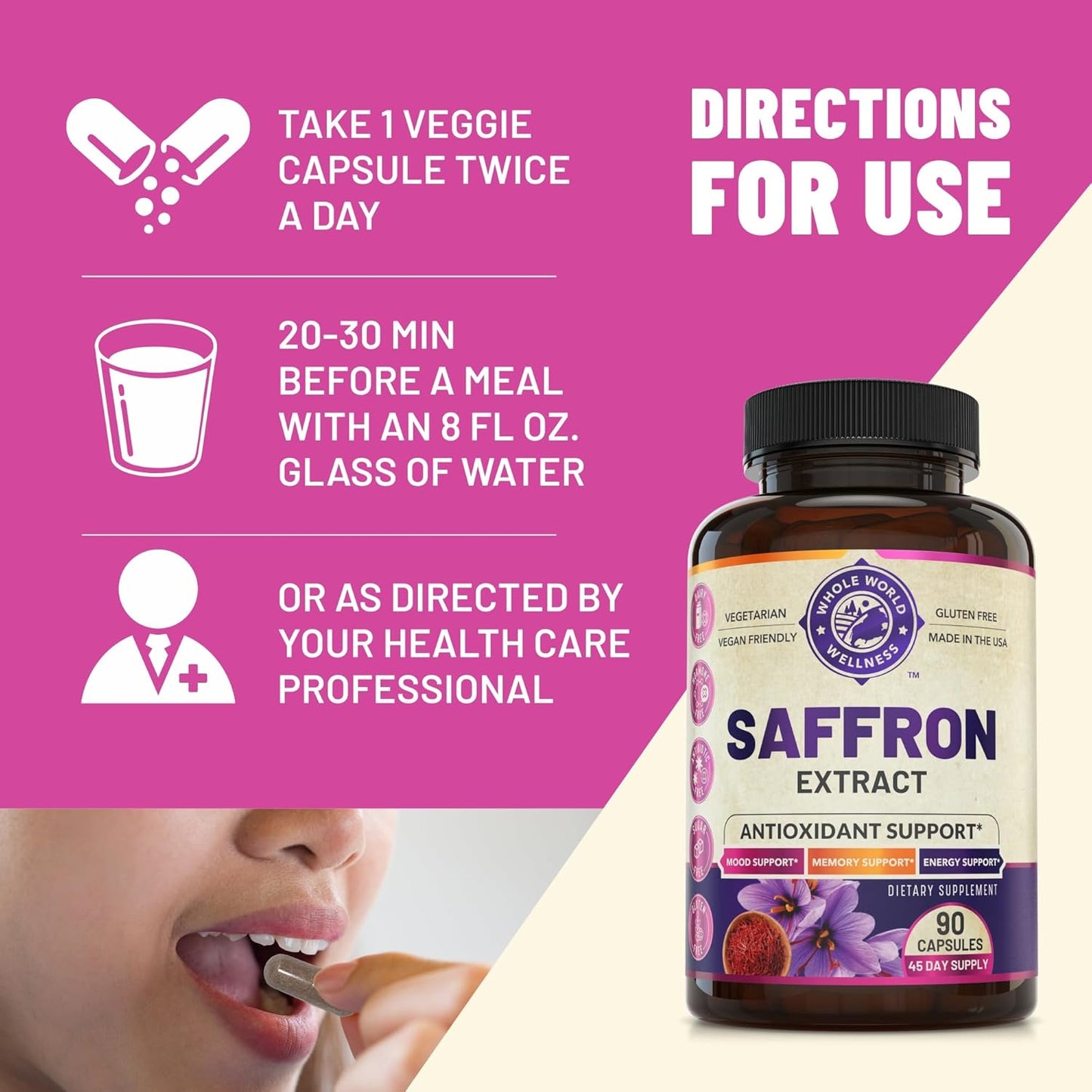 NSF Certified Pure Saffron Extract for Weight, Appetite, Mood & Memory Support - 45-Day Supply for Men & Women