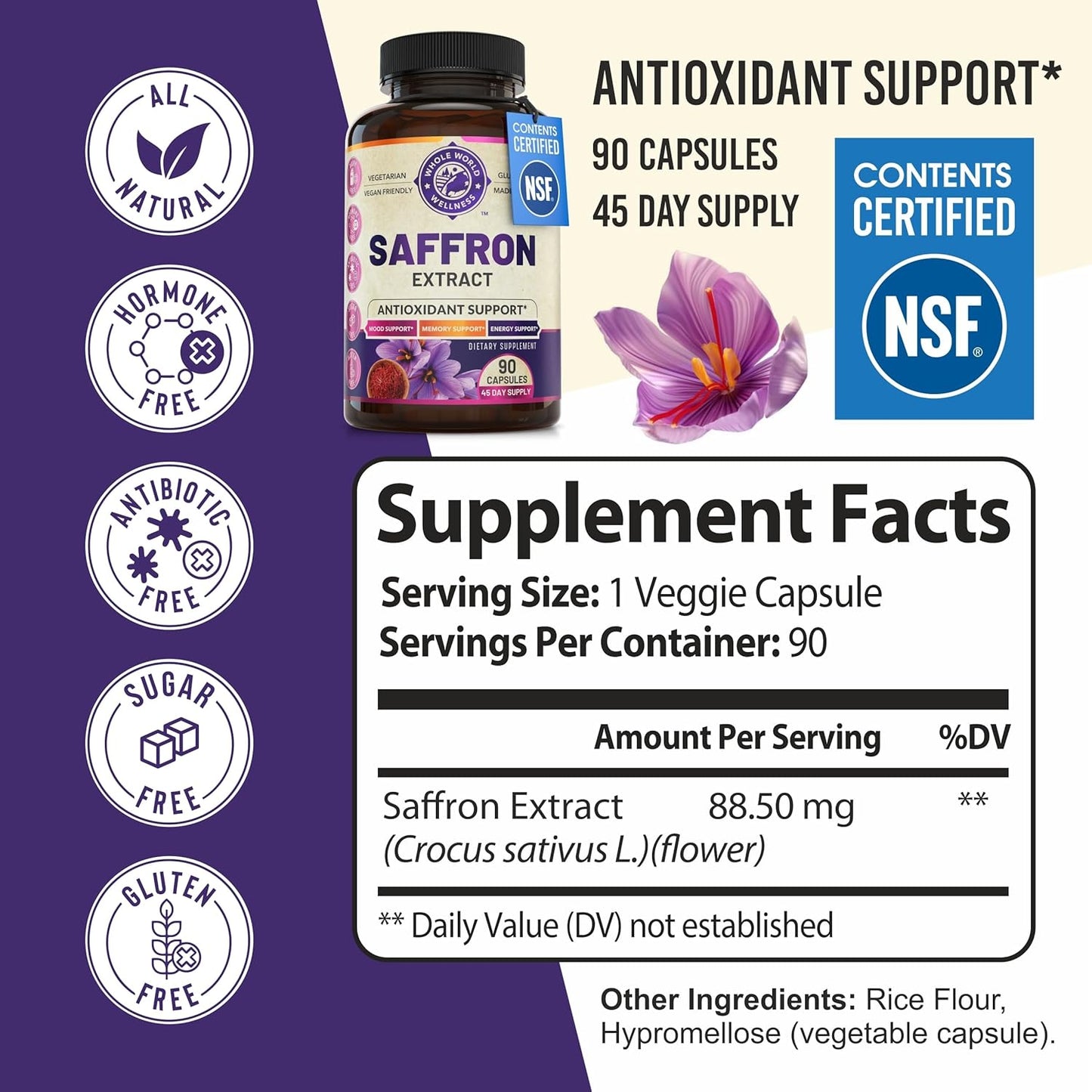 NSF Certified Pure Saffron Extract for Weight, Appetite, Mood & Memory Support - 45-Day Supply for Men & Women