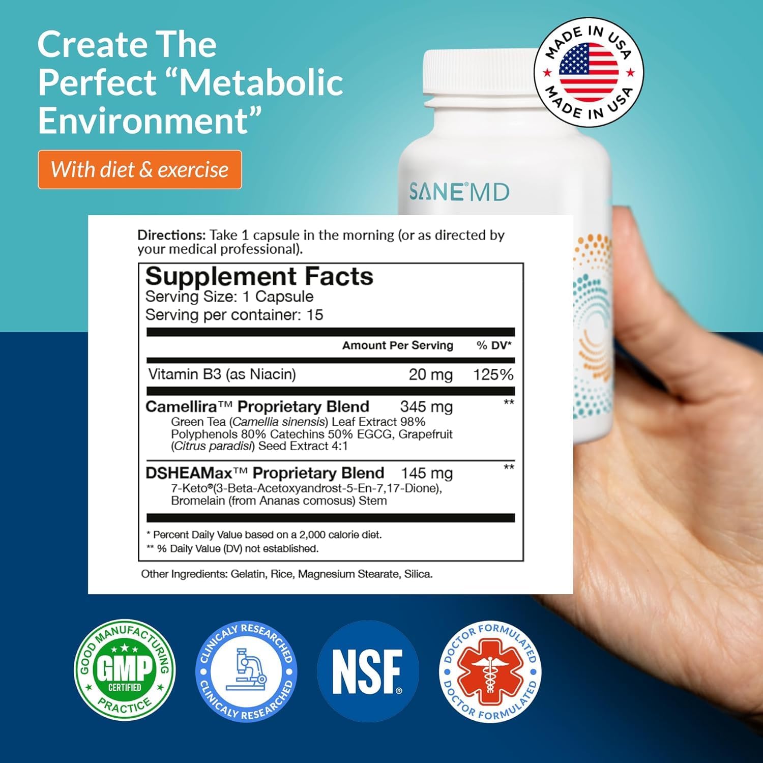 NSF Certified Sane MD Luminae 7-Keto DHEA Supplement - Speed Up Weight Loss Safely with 15 Count Pills for Women and Men