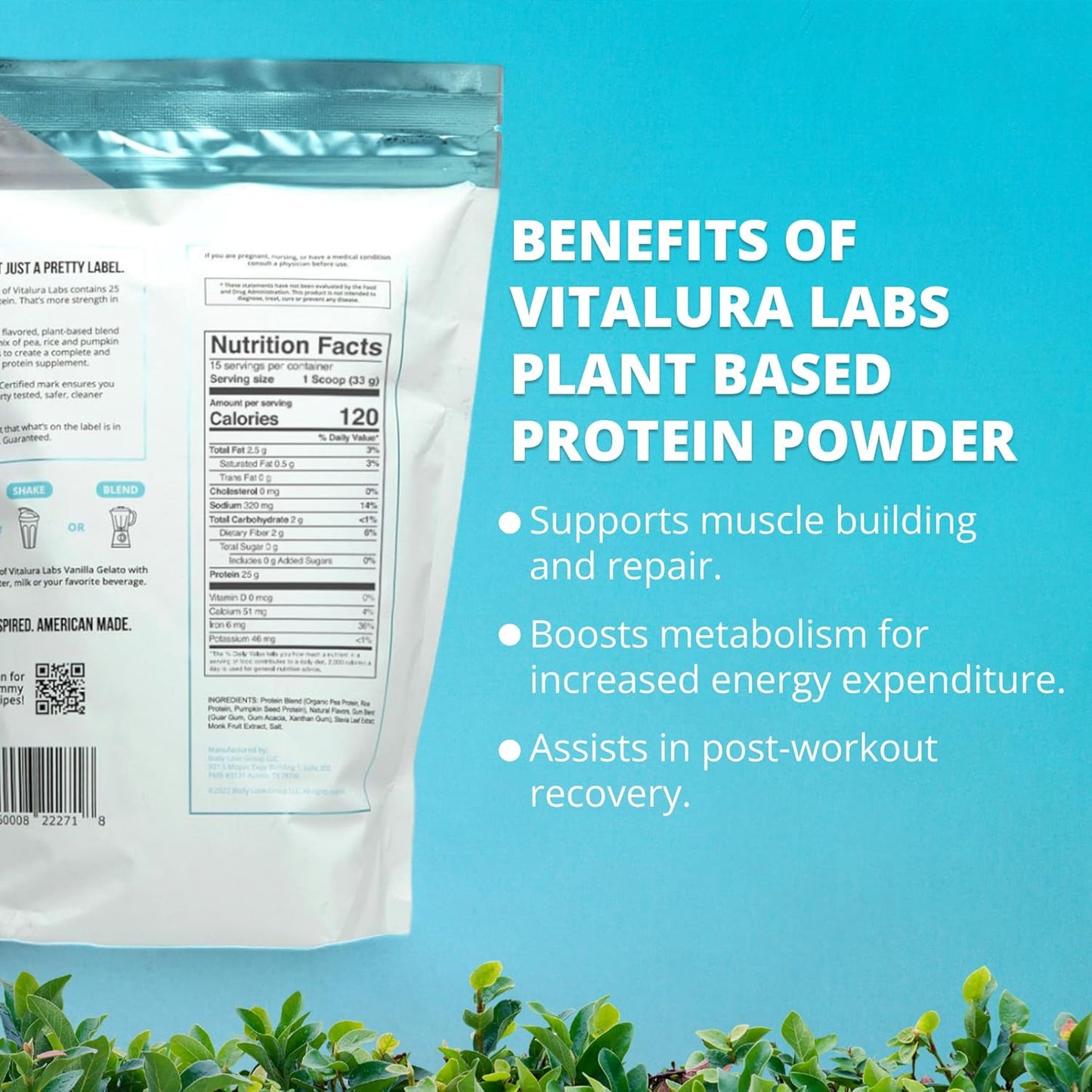 NSF Certified Vanilla Gelato Plant-Based Protein Powder - 25g Protein per Serving - Pea, Rice & Pumpkin Blend - 30 Servings
