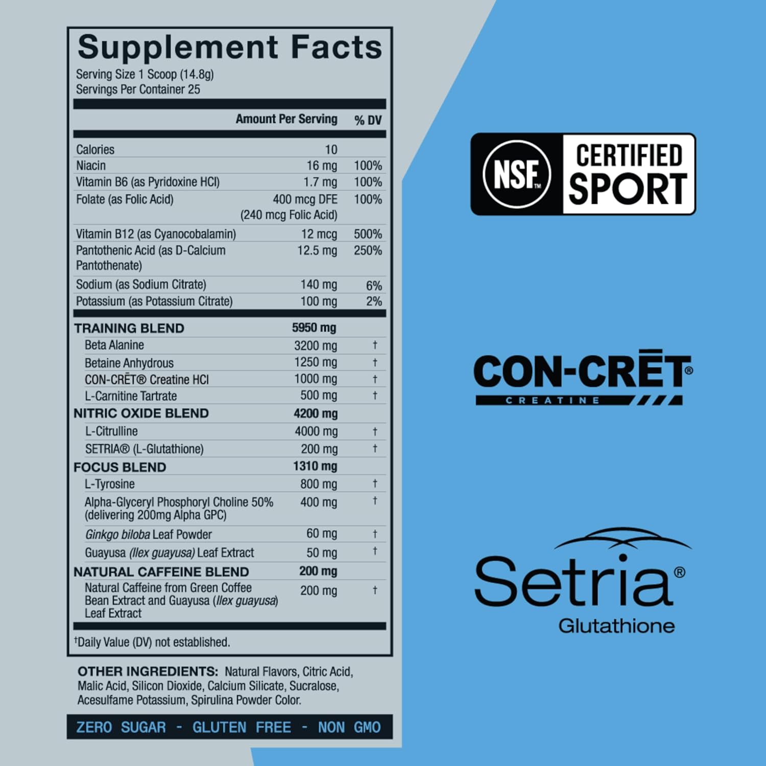 NSF Certified Zero Sugar Wild Berry Pre Workout Powder with Electrolytes, Creatine, Beta Alanine, Ginkgo Biloba, 200mg Caffeine - 25 Servings