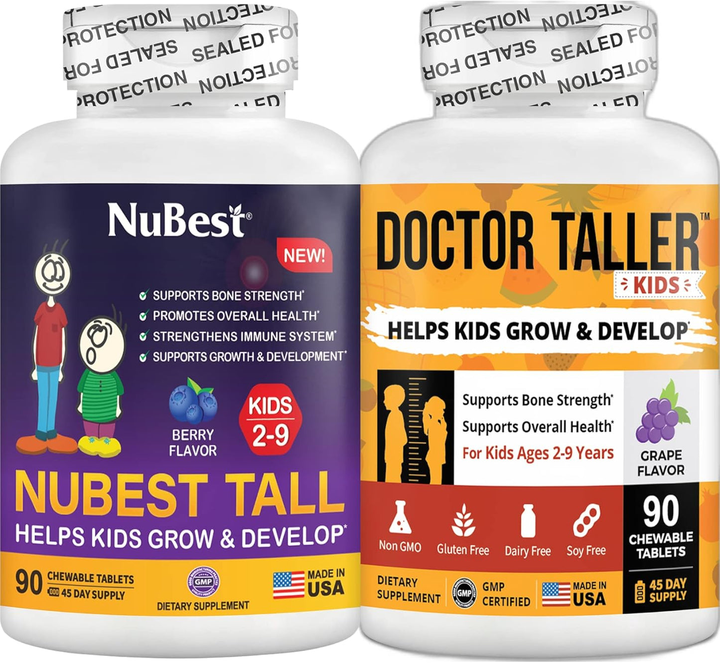NuBest Kids Bundle: Doctor Taller 90 Vegan Chewable Tablets (Grape Flavor) + Tall Kids 90 Chewable Tablets (Berry Flavor) - Supports Height Growth for Kids 2-9
