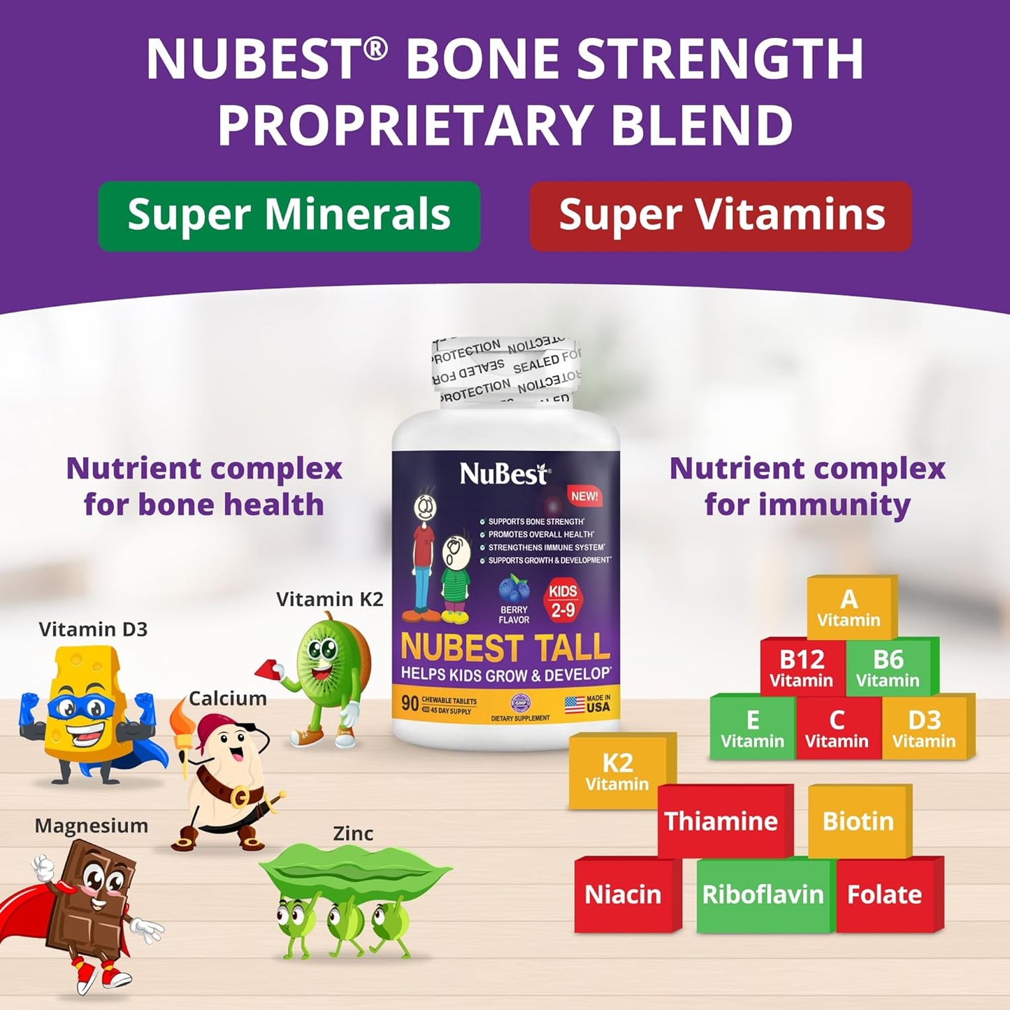 NuBest Tall Kids Vitamins for Age 2-9 - 90 Chewable Berry Tablets - Supports Bone Strength and Immunity - Animal Shapes - Pack of 3
