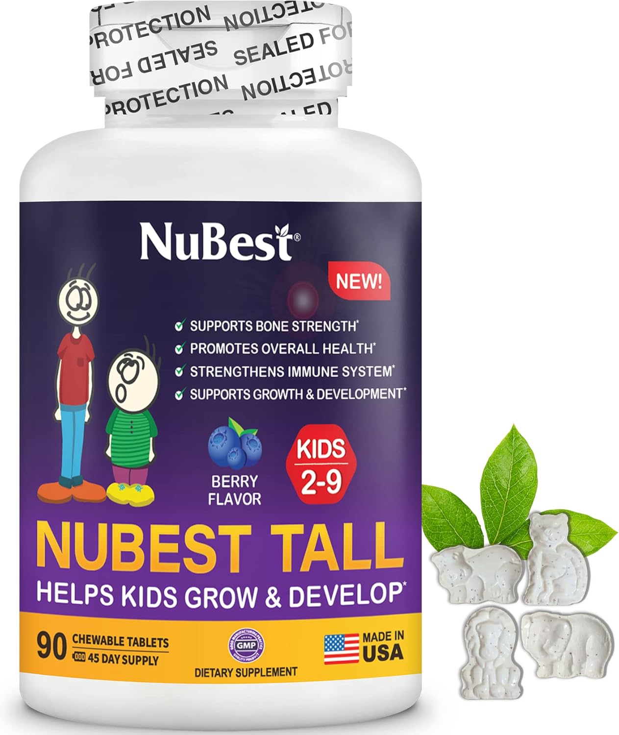 NuBest Tall Kids Vitamins for Age 2-9 - 90 Chewable Berry Tablets - Supports Bone Strength and Immunity - Animal Shapes - Pack of 3