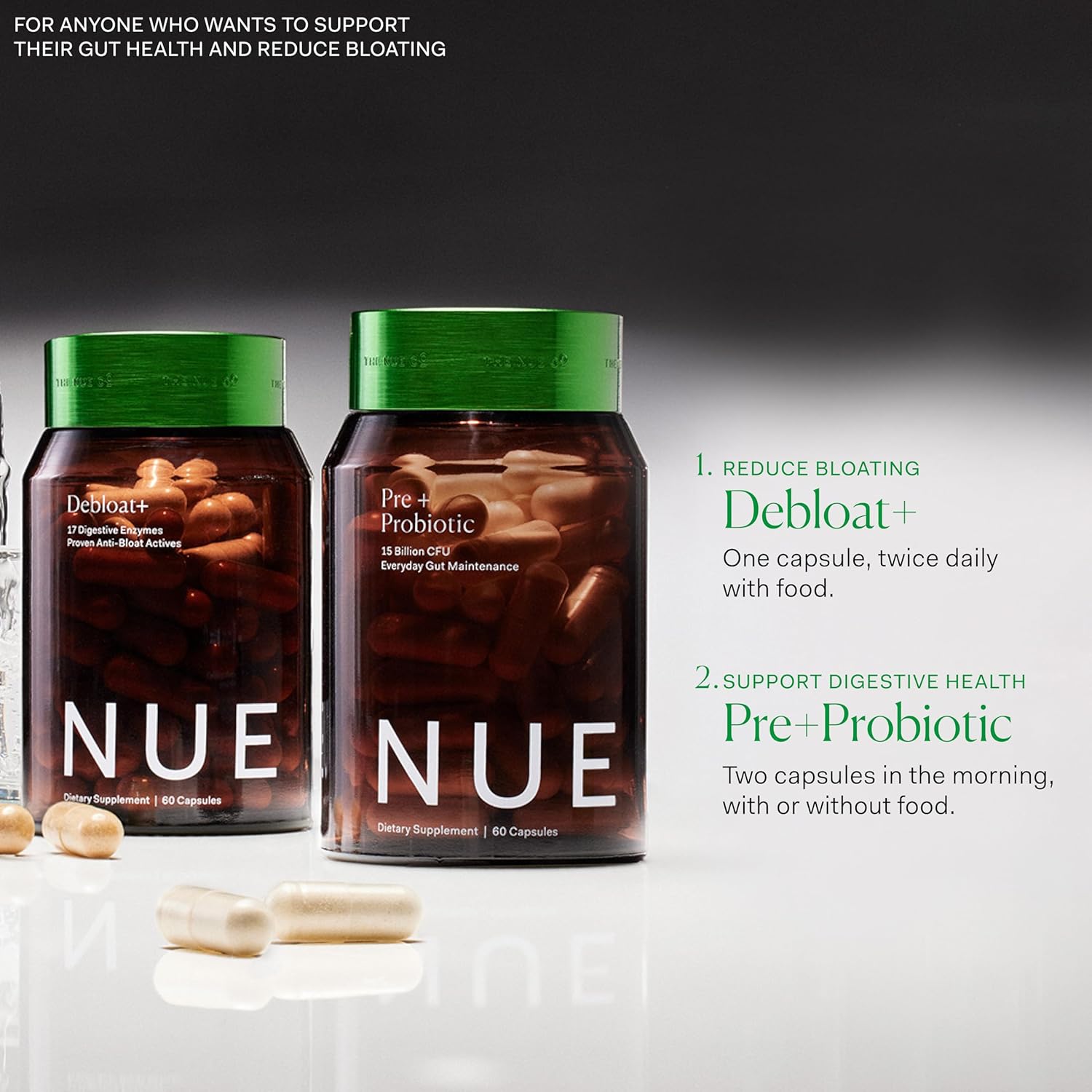 Nue Co. DEBLOAT+ Supplement: Relieves Bloating, Gas, Abdominal Pain, Boosts Immunity, Gut Health, Vegan, Gluten-Free - 60 Capsules