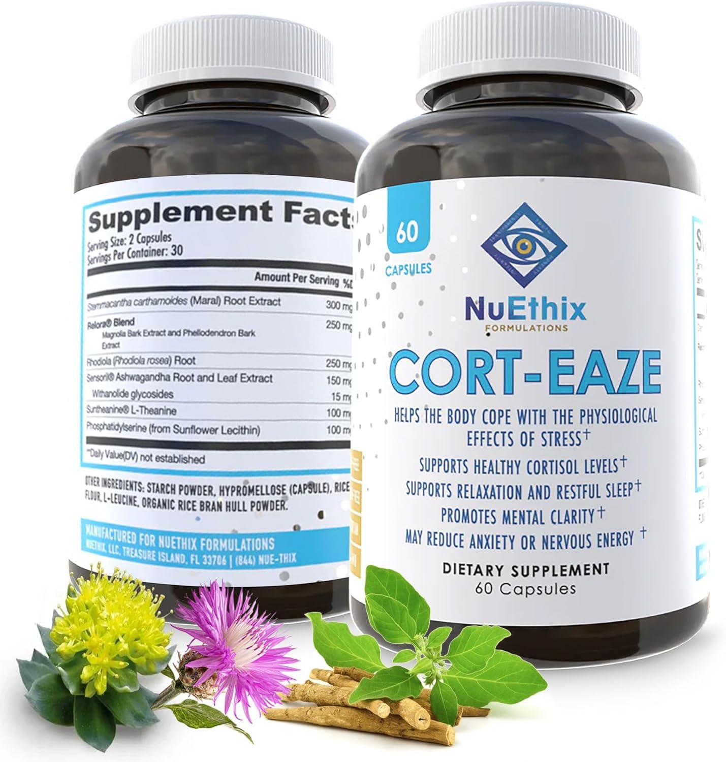 NuEthix Formulations Cort-Eaze Capsules - Cortisol Supplement with Ashwagandha, L-Theanine & Rhodiola Rosea for Relaxation and Deep Sleep - 60 Capsules
