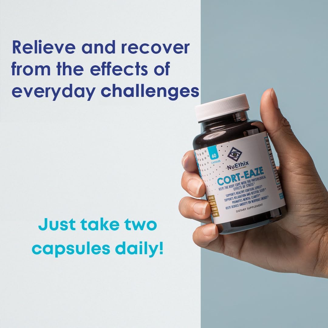 NuEthix Formulations Cort-Eaze Capsules - Cortisol Supplement with Ashwagandha, L-Theanine & Rhodiola Rosea for Relaxation and Deep Sleep - 60 Capsules