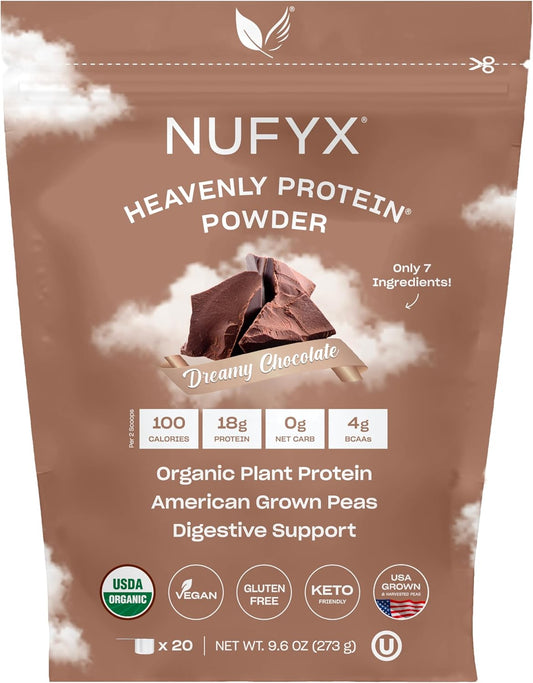 NUFYX® Dreamy Chocolate Heavenly Protein® Powder - 100% Organic American Grown Pea Protein, Vegan, Gluten Free, Low Carb - 20 Scoops