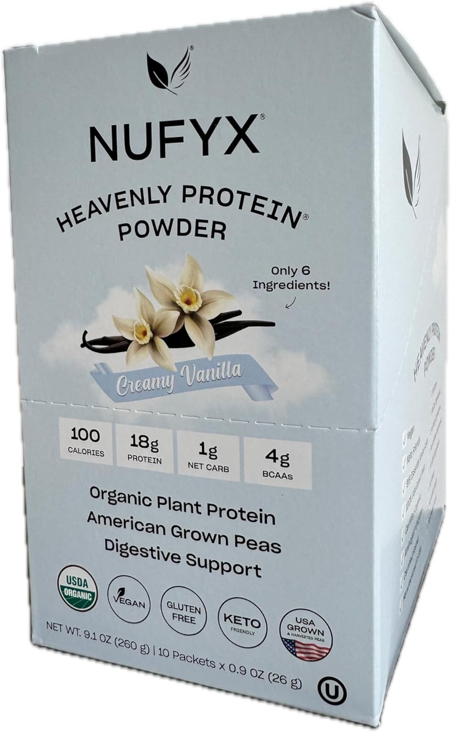 NUFYX® Heavenly Protein® Powder - Creamy Vanilla Flavor - Box of 10 Packets - Vegan, Gluten-Free, Low Carb - Made with 100% Organic American Grown Peas