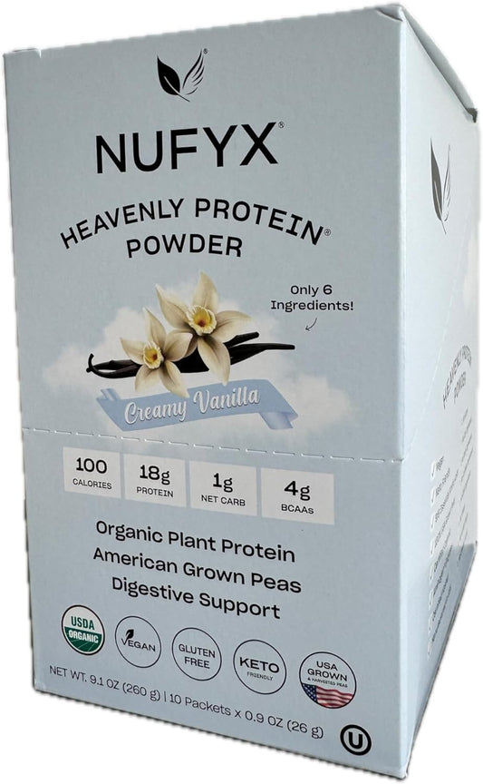 NUFYX® Heavenly Protein® Powder - Creamy Vanilla Flavor - Box of 10 Packets - Vegan, Gluten-Free, Low Carb - Made with 100% Organic American Grown Peas