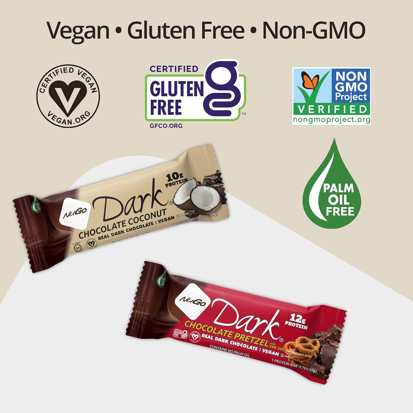 NuGo Dark Variety Pack - Chocolate Pretzel & Chocolate Chocolate Chip Bars, 12g Protein, Vegan, Gluten Free, Non-GMO, Kosher Pareve - 24 Bars