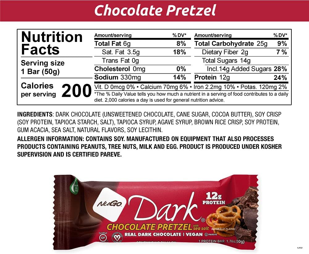 NuGo Dark Variety Pack - Chocolate Pretzel & Chocolate Chocolate Chip Bars, 12g Protein, Vegan, Gluten Free, Non-GMO, Kosher Pareve - 24 Bars