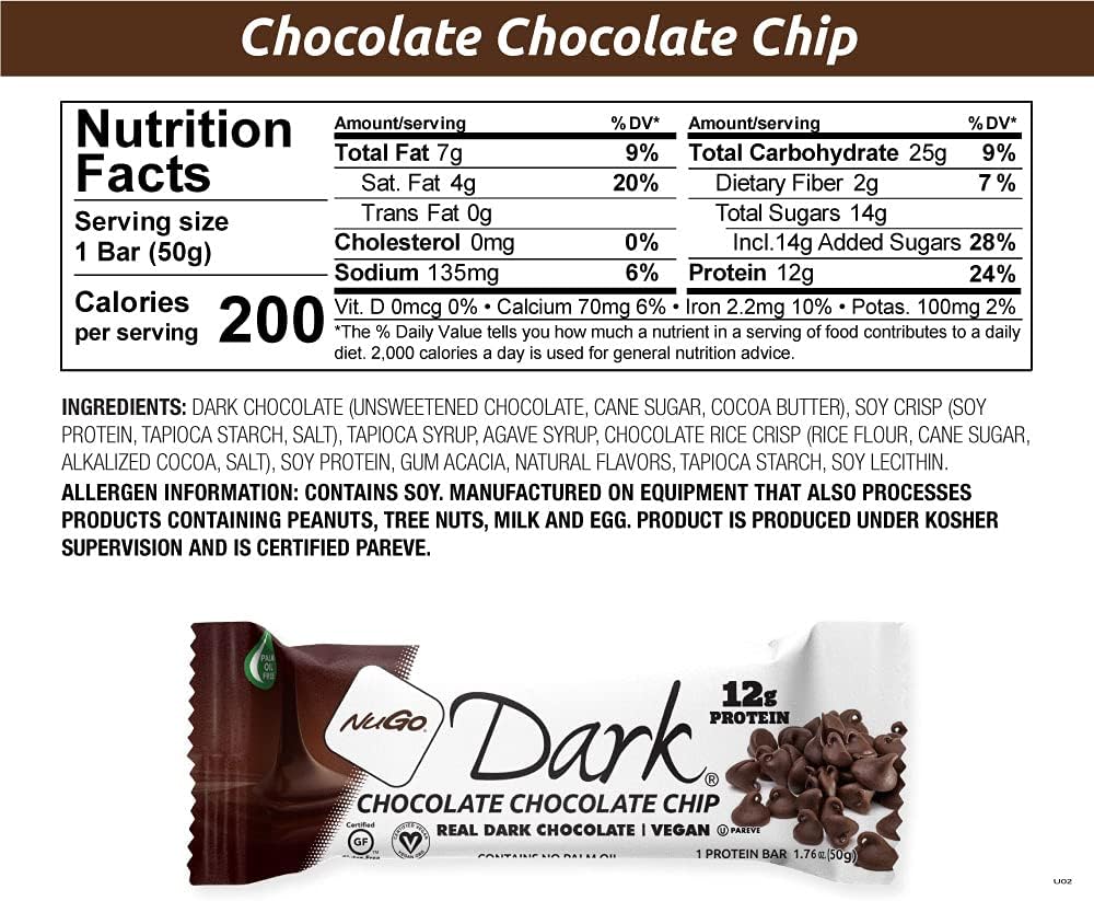 NuGo Dark Variety Pack - Chocolate Pretzel & Chocolate Chocolate Chip Bars, 12g Protein, Vegan, Gluten Free, Non-GMO, Kosher Pareve - 24 Bars