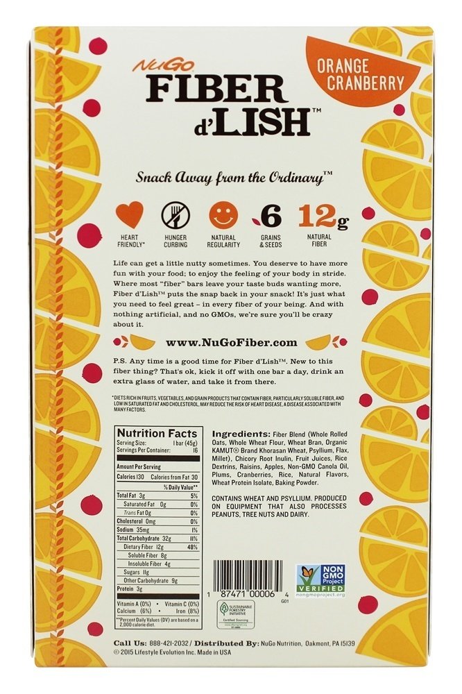 NuGo Fiber d'Lish Orange Cranberry Bars - 12g High Fiber, Vegan, 150 Calories - 16 Count