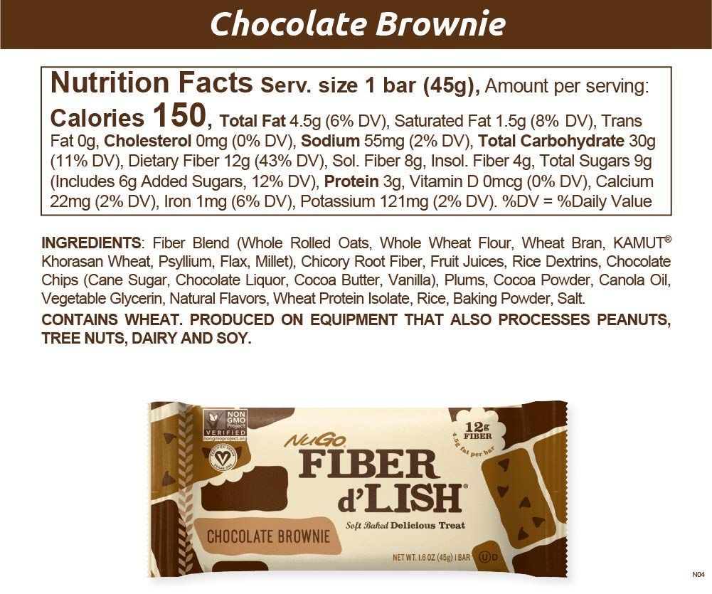 NuGo Fiber D'lish Variety Pack - Chocolate Brownie & Peanut Chocolate Chip Bars, 12g High Fiber, Vegan - 50 Bars Total