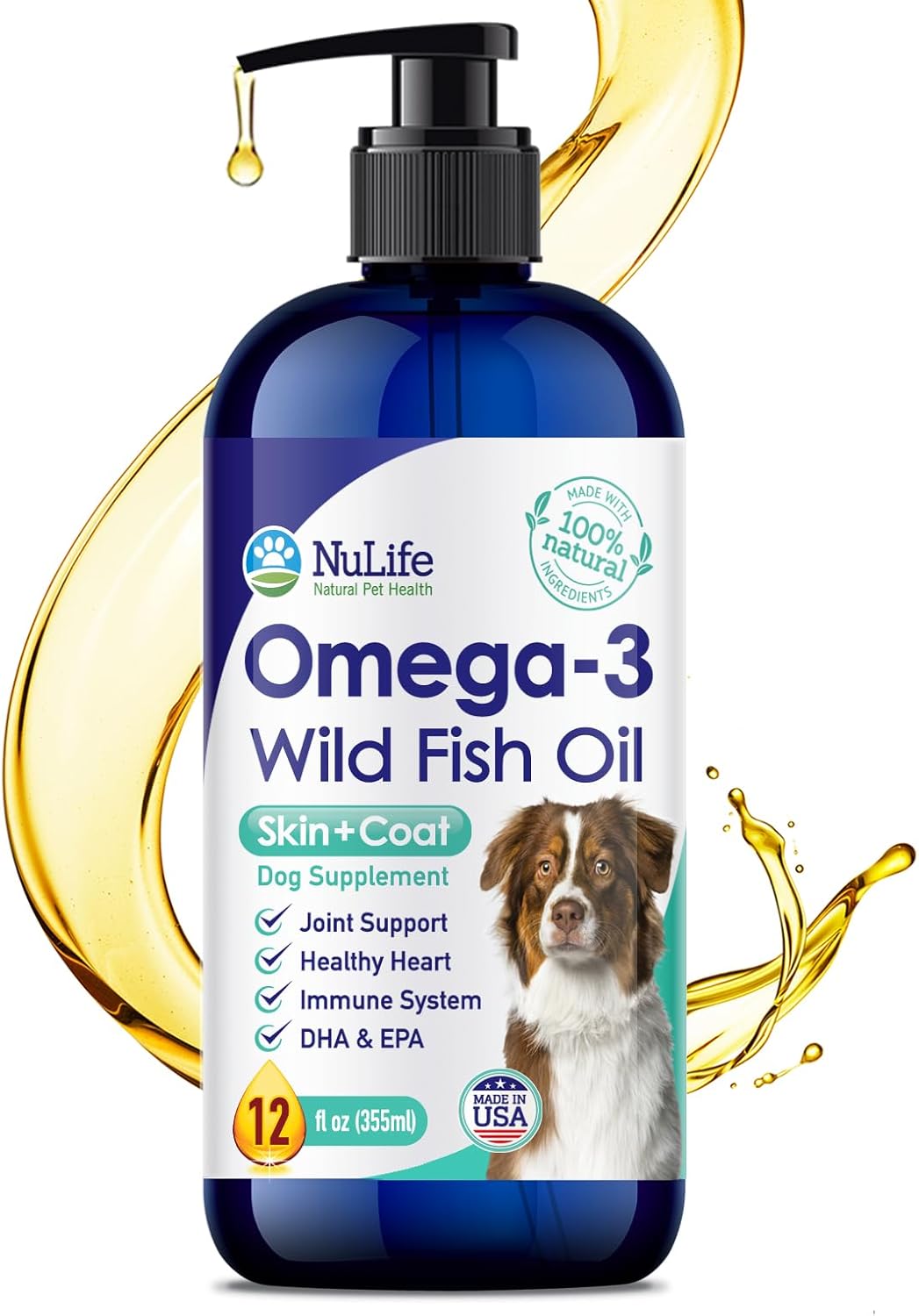 NuLife Natural Liquid Fish Oil for Dogs - Omega 3, 6 & 9 Fatty Acids from Iceland - Skin & Coat Supplement - 12oz