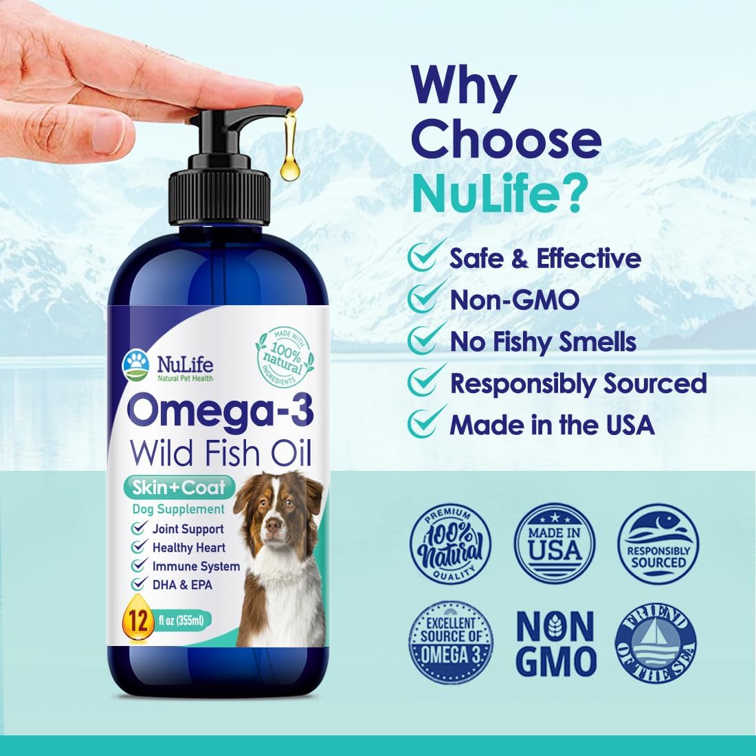 NuLife Natural Liquid Fish Oil for Dogs - Omega 3, 6 & 9 Fatty Acids from Iceland - Skin & Coat Supplement - 12oz