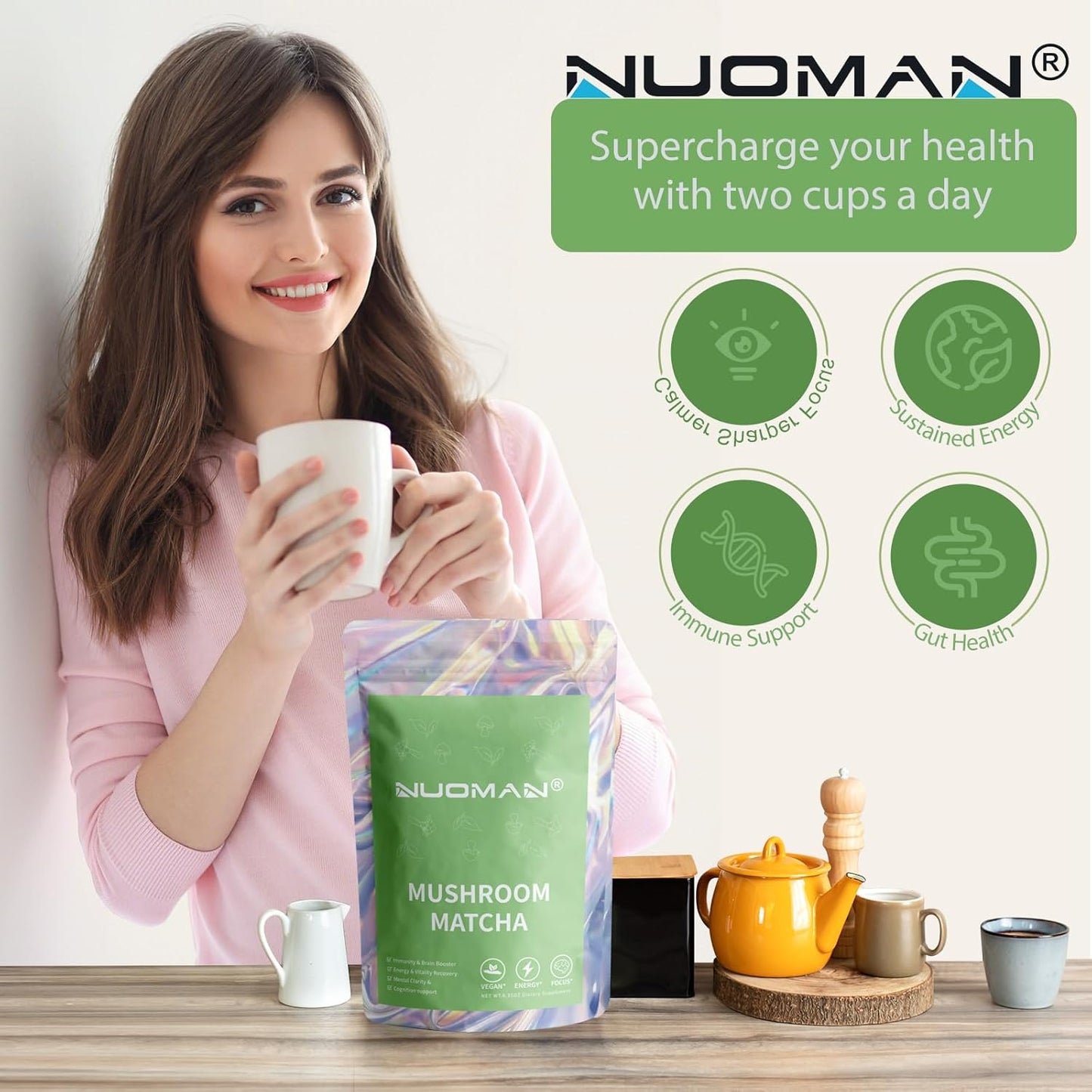 NUOMAN Mushroom Matcha Ceremonial Grade Matcha - 30 Servings, 1 Pack