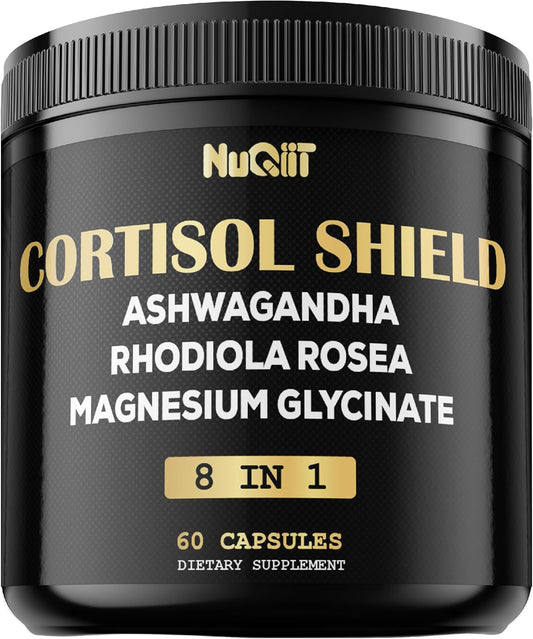 NUQIIT 8-in-1 Cortisol Shield Capsules with Ashwagandha, Magnesium, Rhodiola Rosea, and More for Mind and Mood Balance, Immune Support, and Restful Sleep - 60 Count