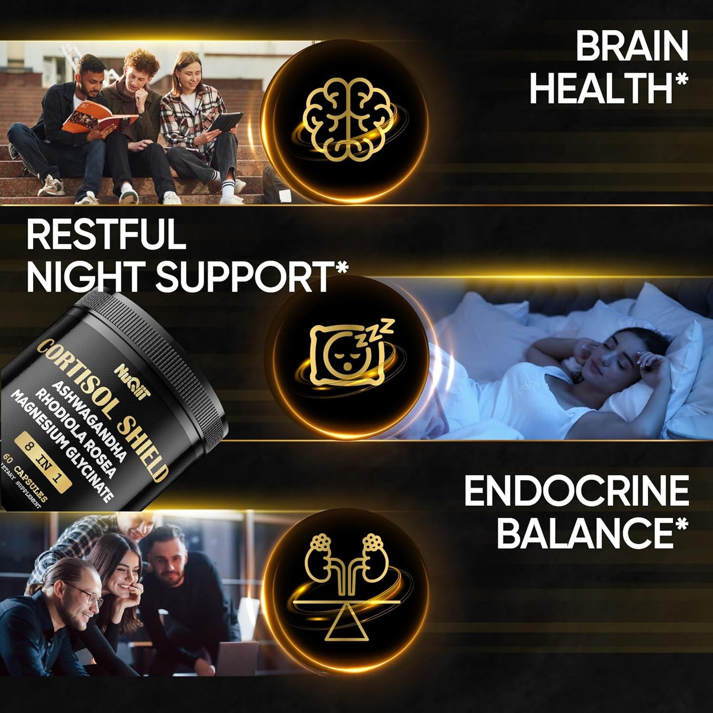 NUQIIT 8-in-1 Cortisol Shield Capsules with Ashwagandha, Magnesium, Rhodiola Rosea, and More for Mind and Mood Balance, Immune Support, and Restful Sleep - 60 Count