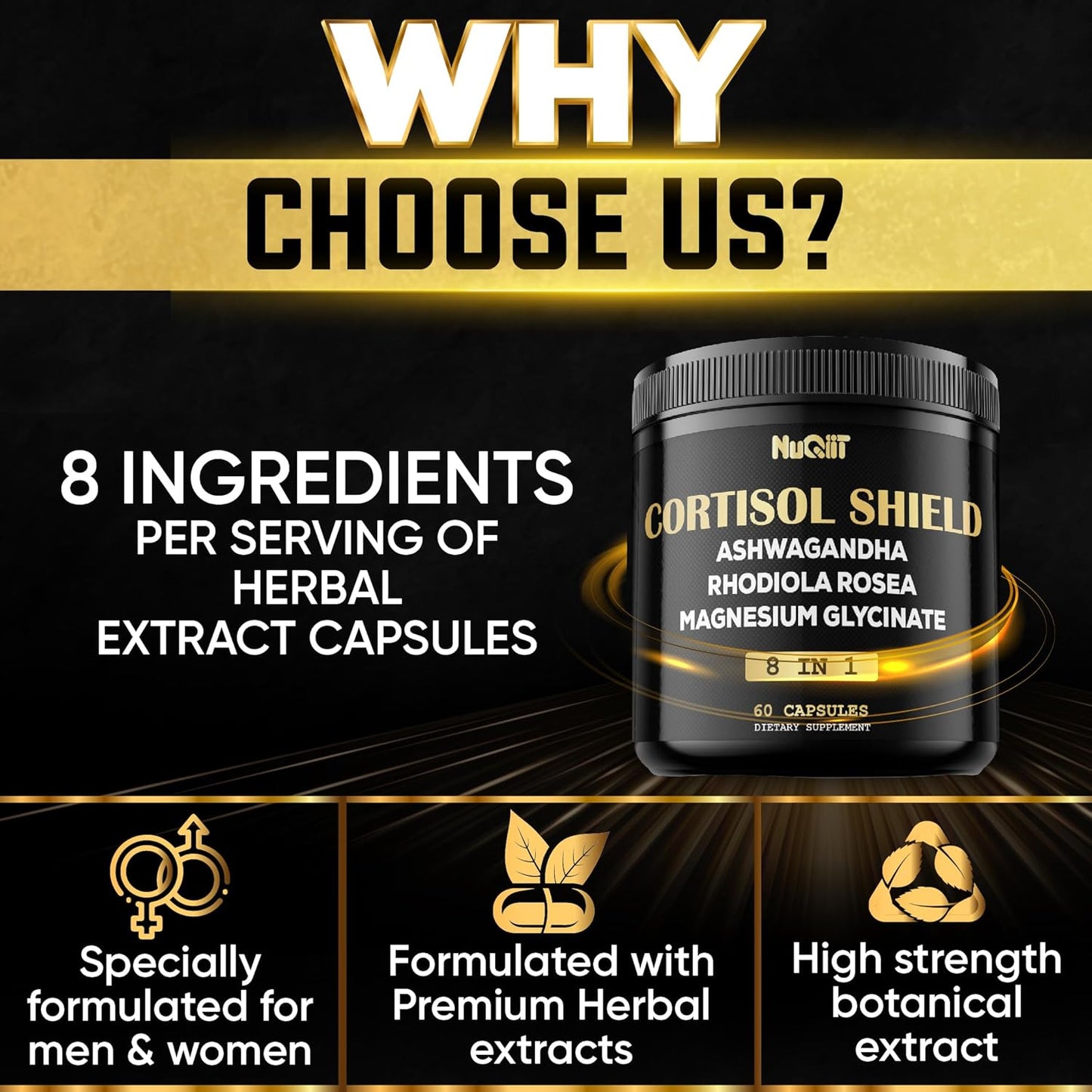 NUQIIT 8-in-1 Cortisol Shield Capsules with Ashwagandha, Magnesium, Rhodiola Rosea, and More for Mind and Mood Balance, Immune Support, and Restful Sleep - 60 Count