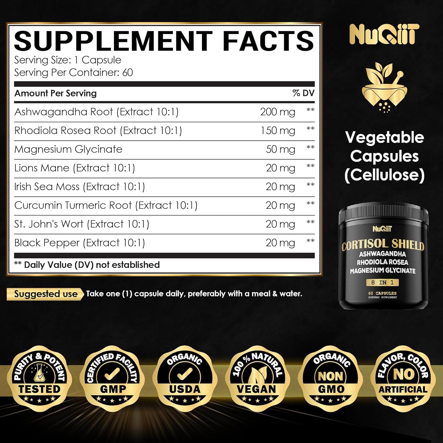 NUQIIT 8-in-1 Cortisol Shield Capsules with Ashwagandha, Magnesium, Rhodiola Rosea, and More for Mind and Mood Balance, Immune Support, and Restful Sleep - 60 Count