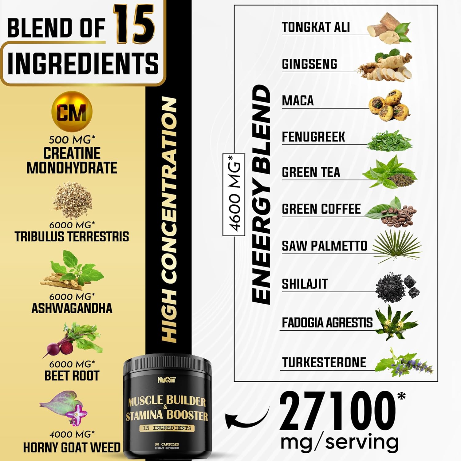 NUQIIT Muscle Builder Supplement with Creatine Monohydrate and Tribulus Terrestris - Enhance Strength, Stamina, and Energy - 90 Capsules