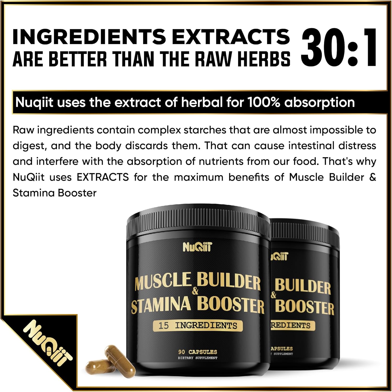 NUQIIT Muscle Builder Supplement with Creatine Monohydrate and Tribulus Terrestris - Enhance Strength, Stamina, and Energy - 90 Capsules