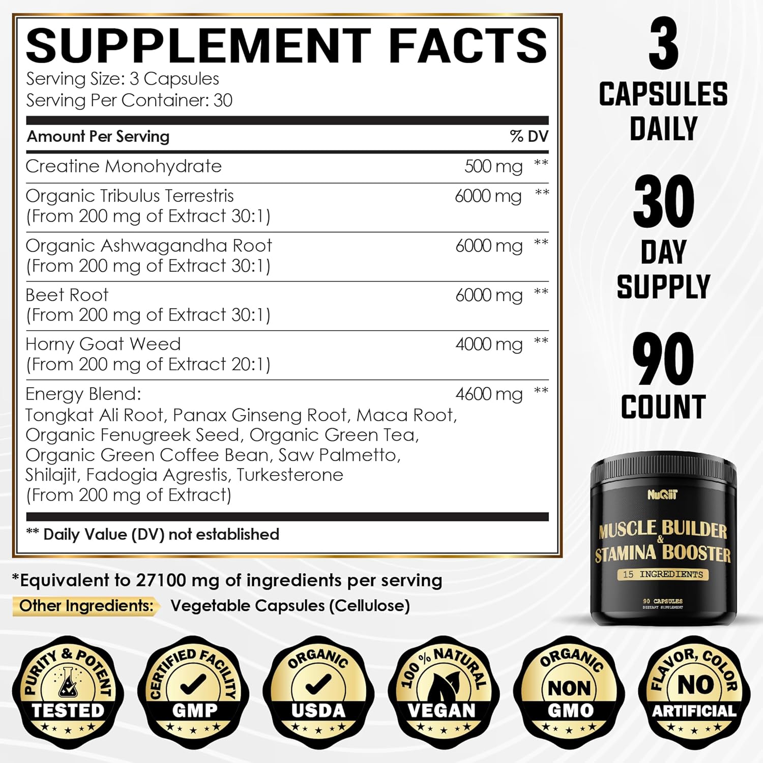 NUQIIT Muscle Builder Supplement with Creatine Monohydrate and Tribulus Terrestris - Enhance Strength, Stamina, and Energy - 90 Capsules