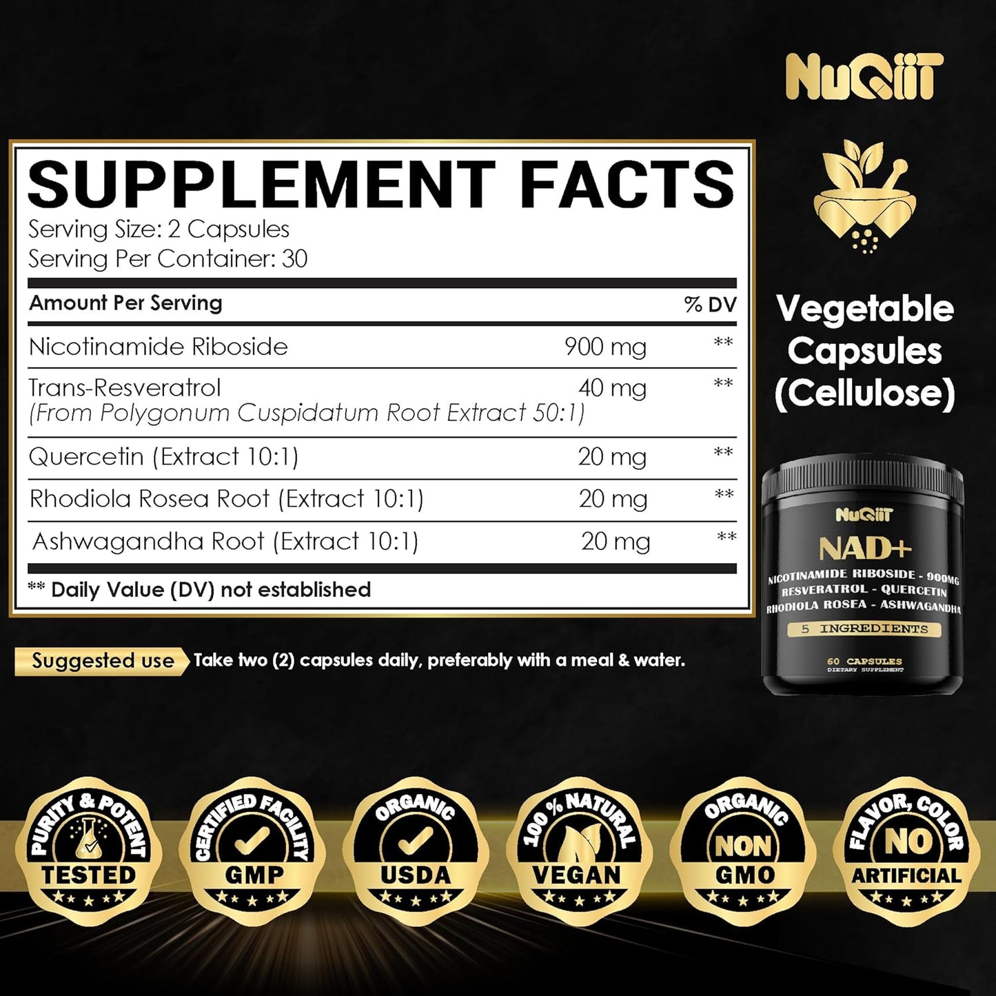 NUQIIT NAD+ Supplement - 900mg Nicotinamide Riboside with Resveratrol, Quercetin, Turmeric & Rhodiola Rosea - Supports Cellular Energy, Vitality, and Healthy Aging - 60 Capsules