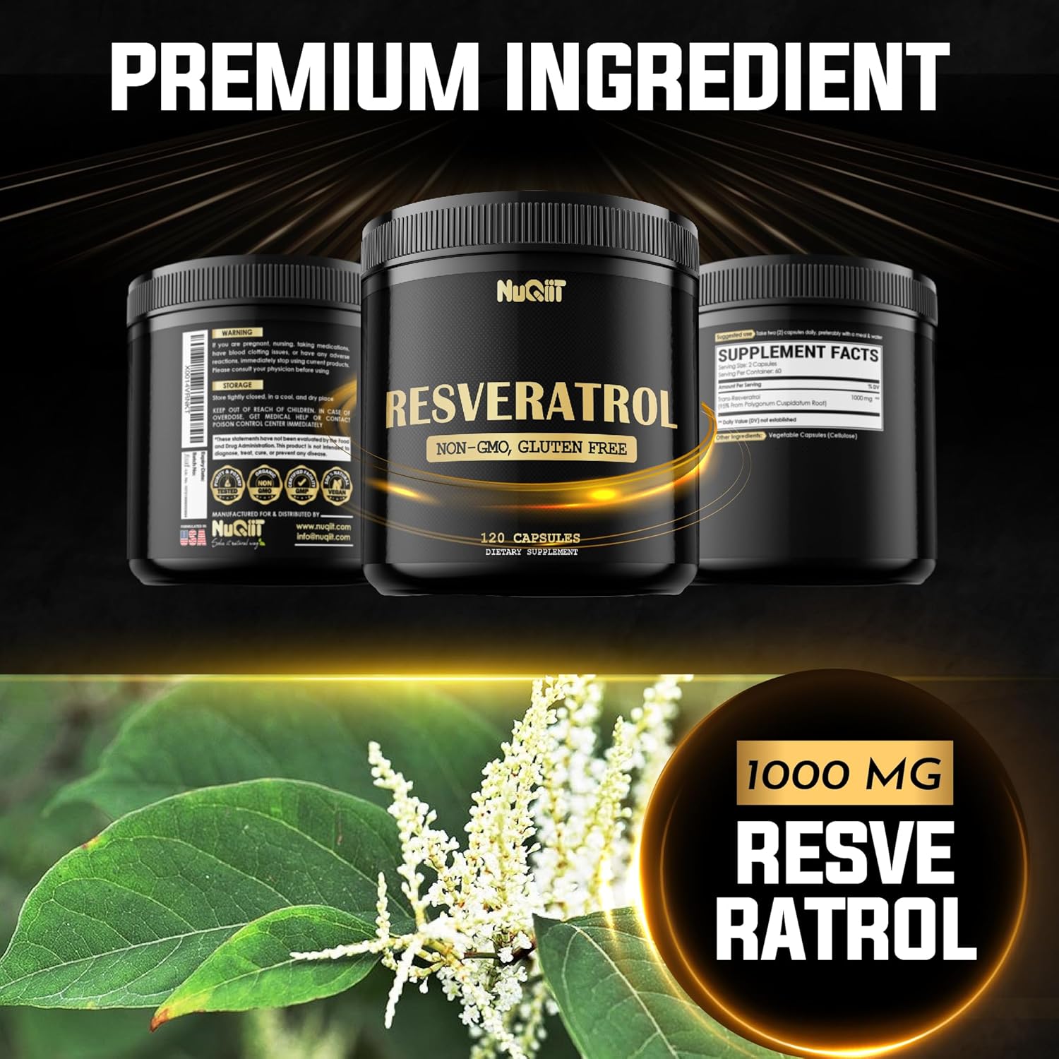 NUQIIT Trans Resveratrol 1000mg Supplement - Boost Immune System, Energy & Heart Health - 120 Vegan Capsules