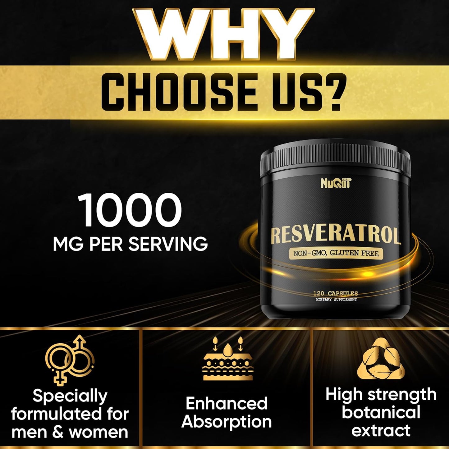 NUQIIT Trans Resveratrol 1000mg Supplement - Boost Immune System, Energy & Heart Health - 120 Vegan Capsules