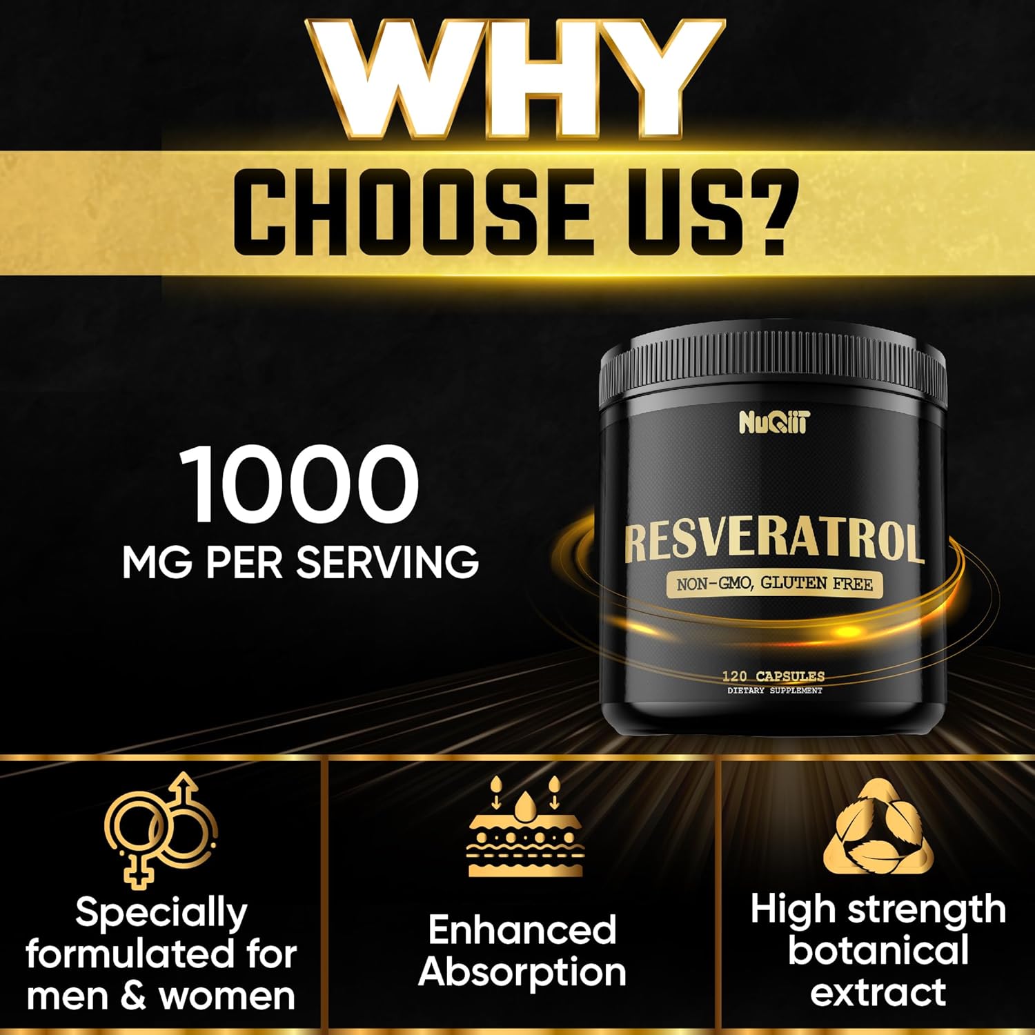 NUQIIT Trans Resveratrol 1000mg Supplement - Boost Immune System, Energy & Heart Health - 120 Vegan Capsules